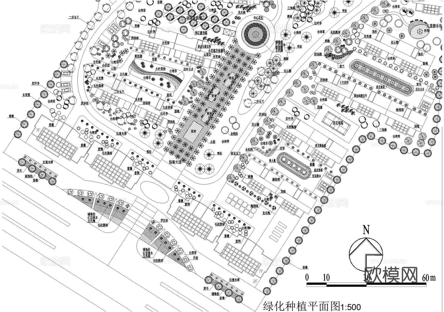 居住区景观植物种植绿化配置小区规划总平面图 苗木表cad施工图