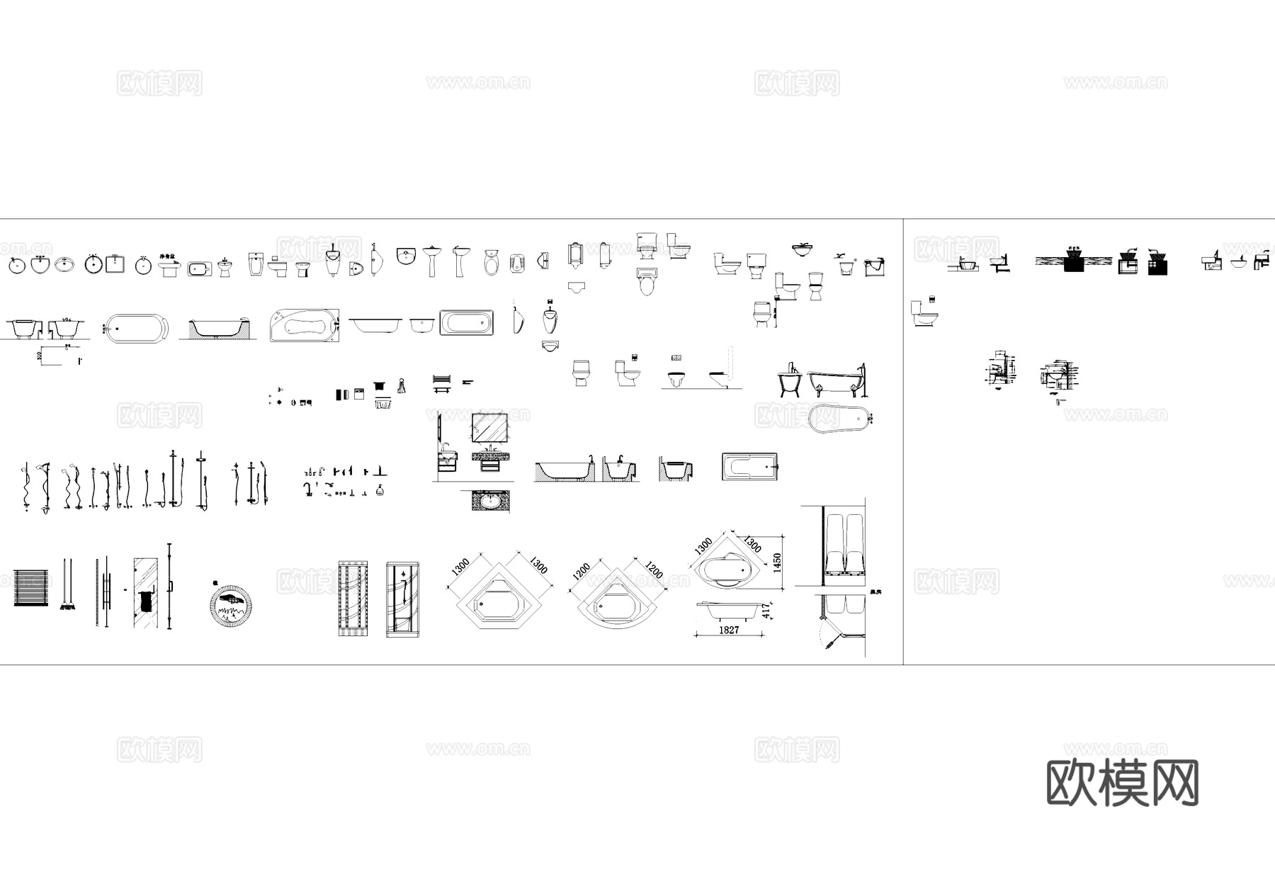 卫生间洗手池花洒浴缸马桶CAD图块图库cad施工图