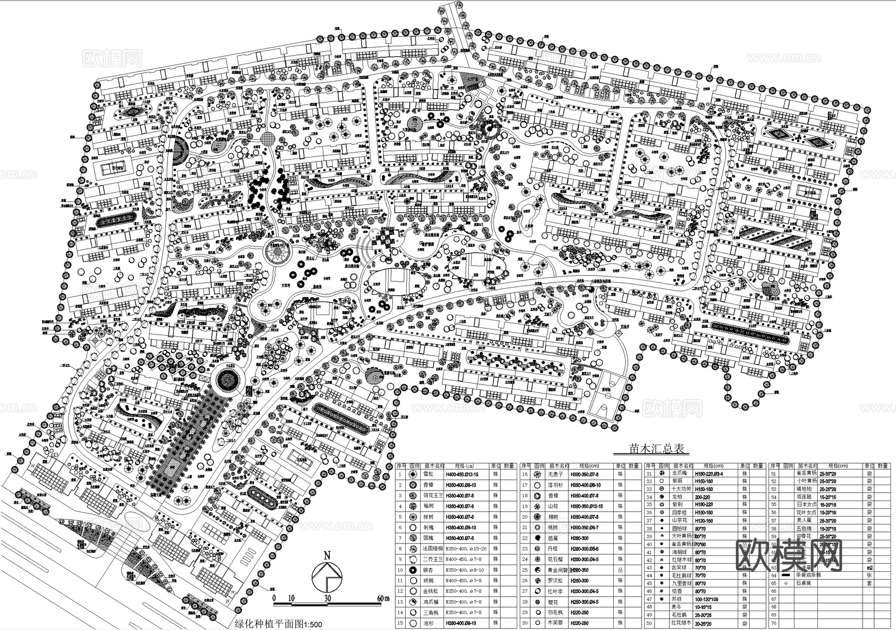 居住区景观植物种植绿化配置小区规划总平面图 苗木表cad施工图
