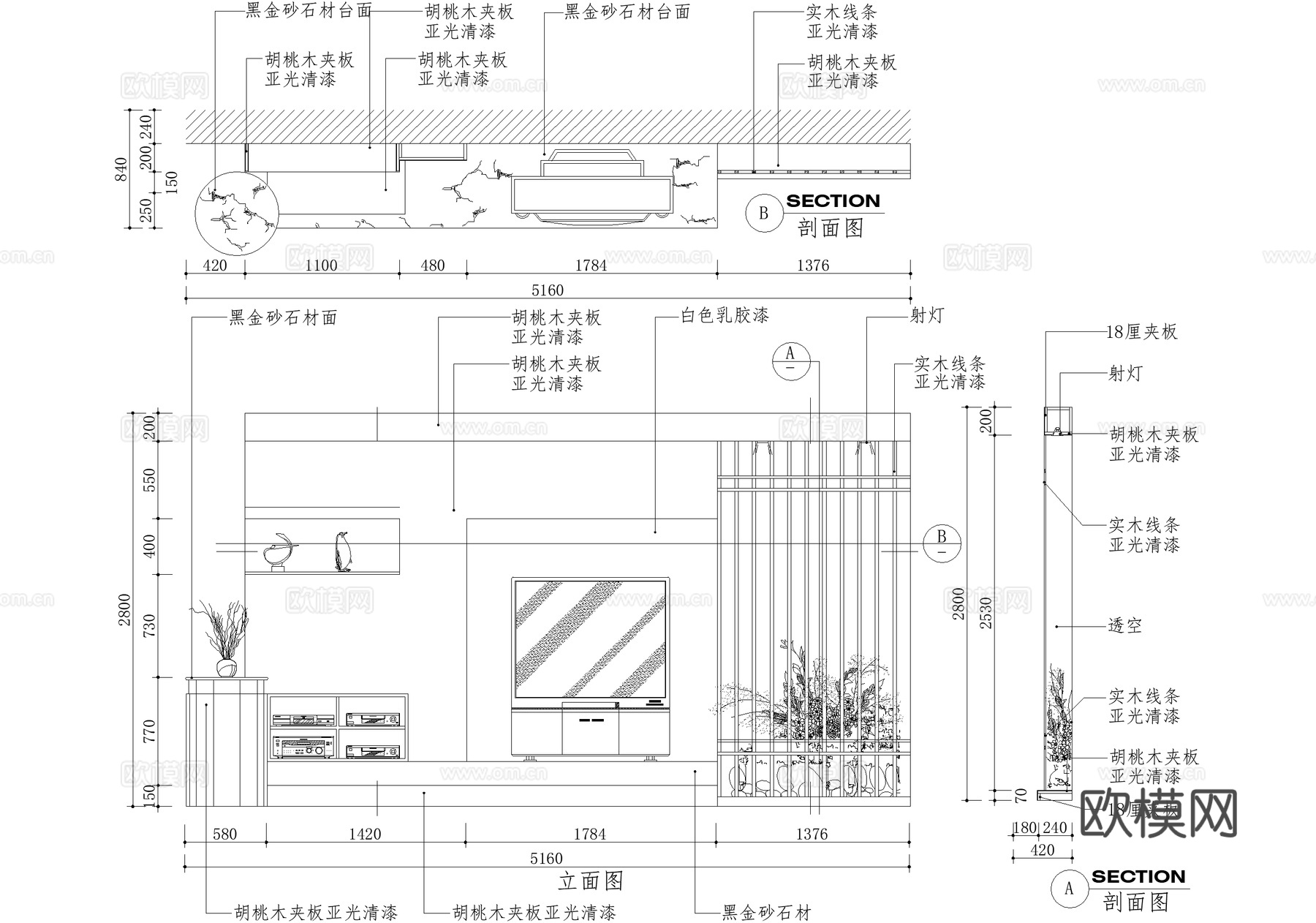 客厅电视背景墙节点cad施工图