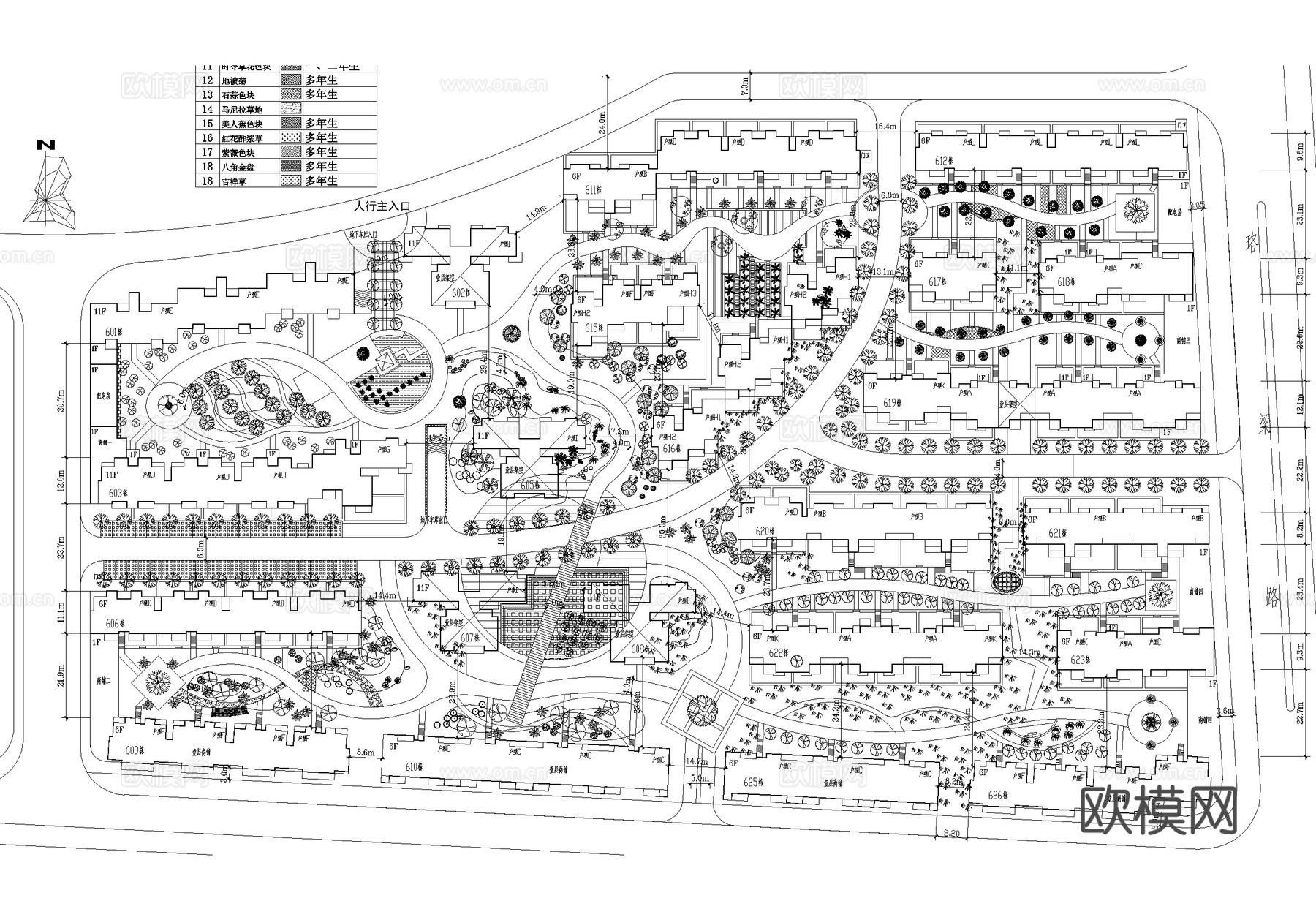 居住区景观规划植物种植绿化配置小区平面图 苗木表cad施工图