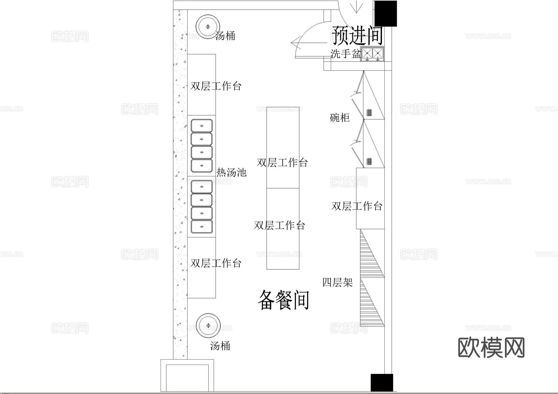 后厨平面图 餐厅食堂饭堂厨房cad施工图