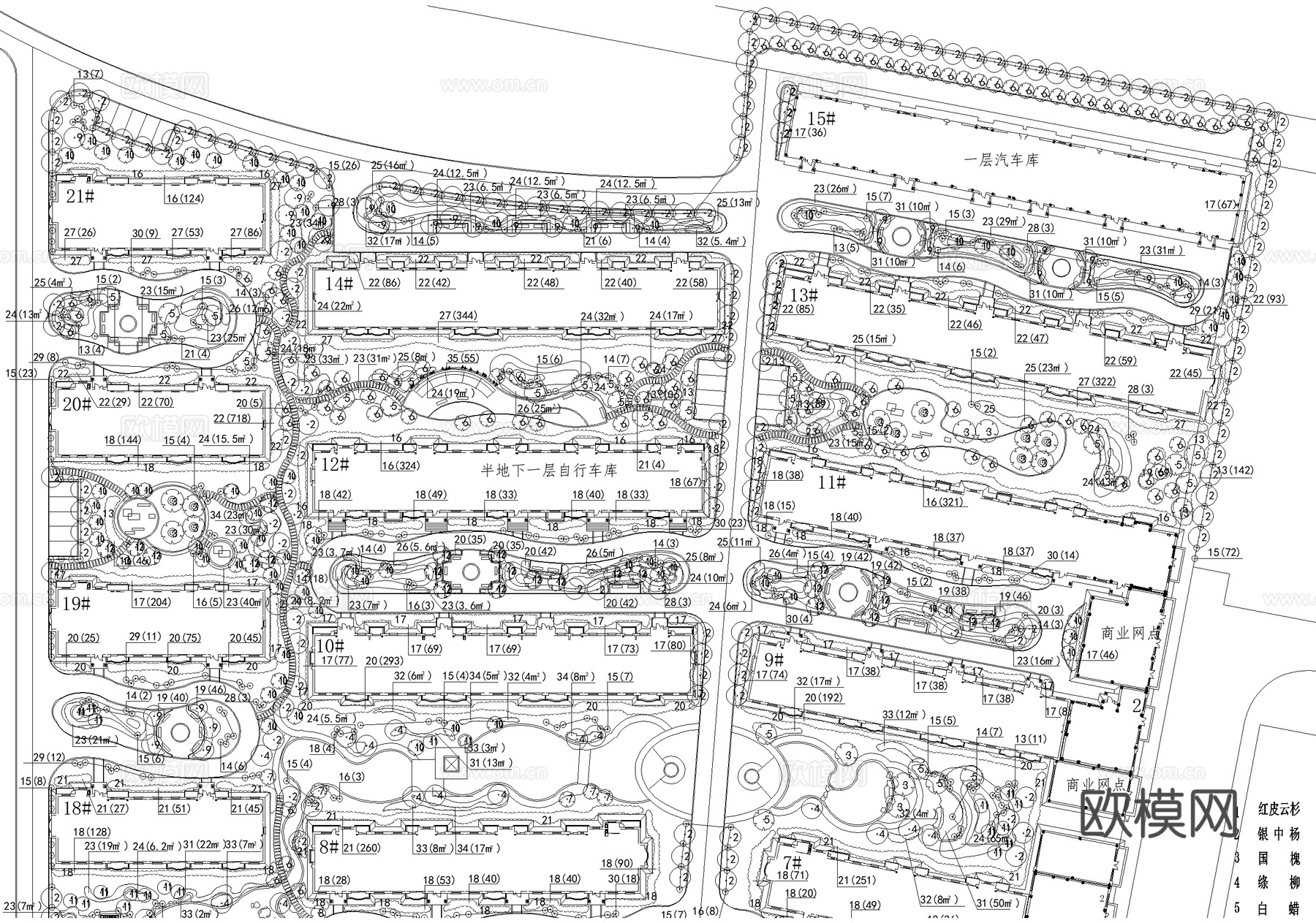 居住区景观植物种植绿化配置小区规划总平面图cad施工图