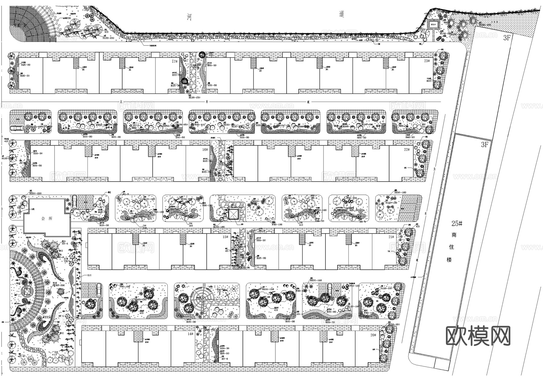 居住区景观植物种植绿化配置小区规划总平面图cad施工图