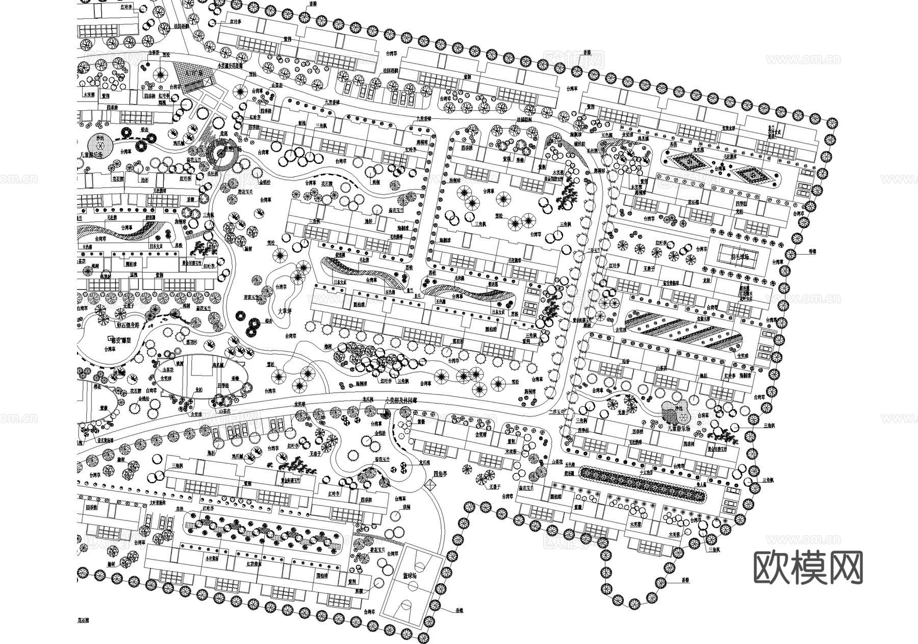 居住区景观植物种植绿化配置小区规划总平面图 苗木表cad施工图