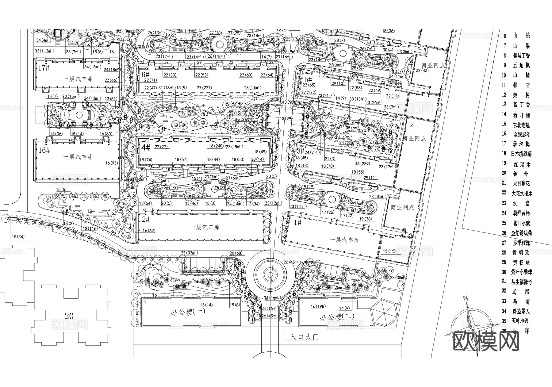 居住区景观植物种植绿化配置小区规划总平面图cad施工图
