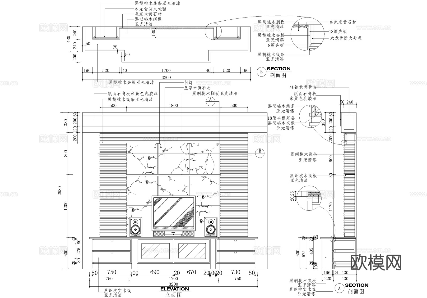 客厅电视背景墙节点 电视柜cad施工图