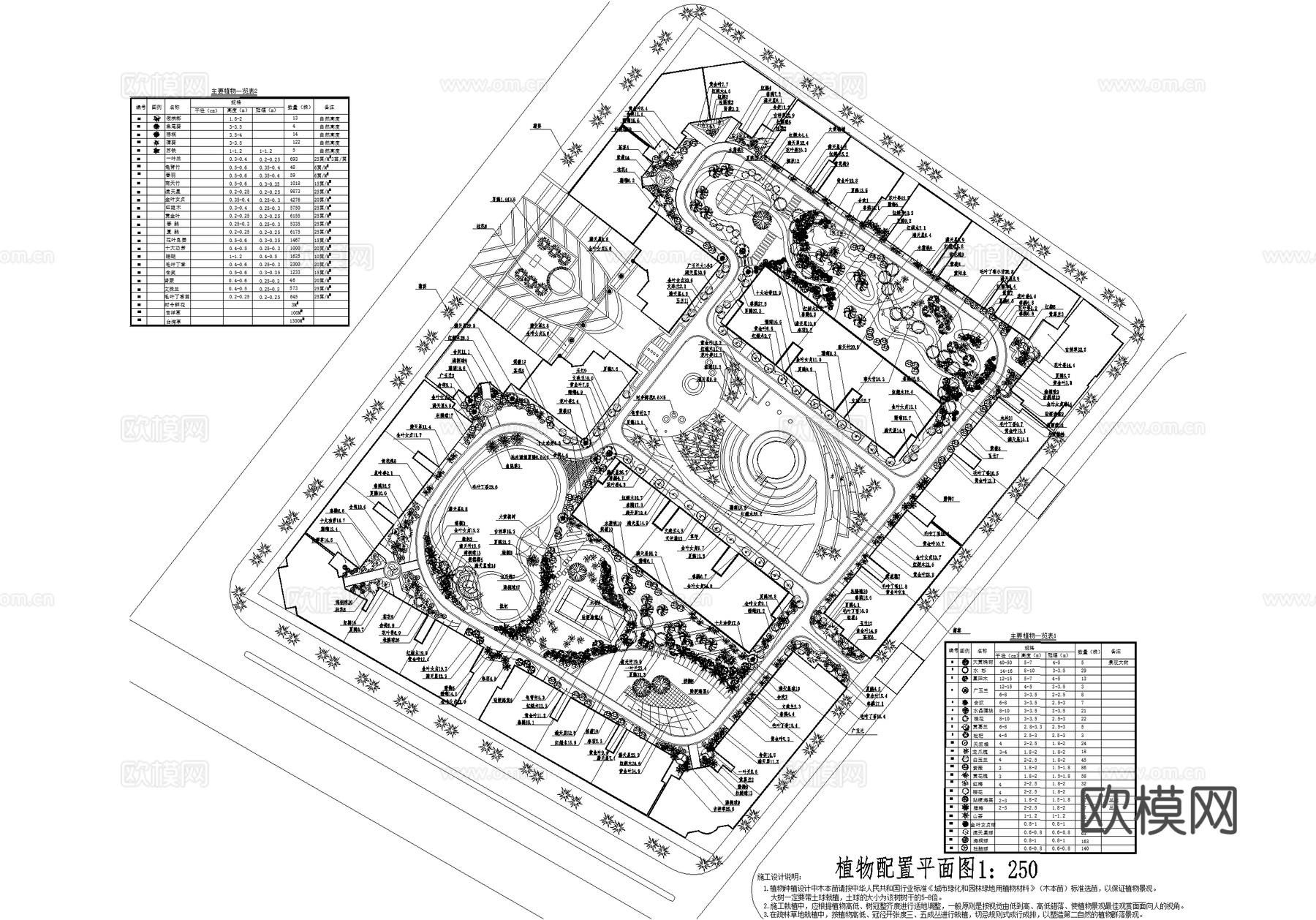 居住区景观规划植物种植绿化配置小区平面图 苗木配置表cad施工图