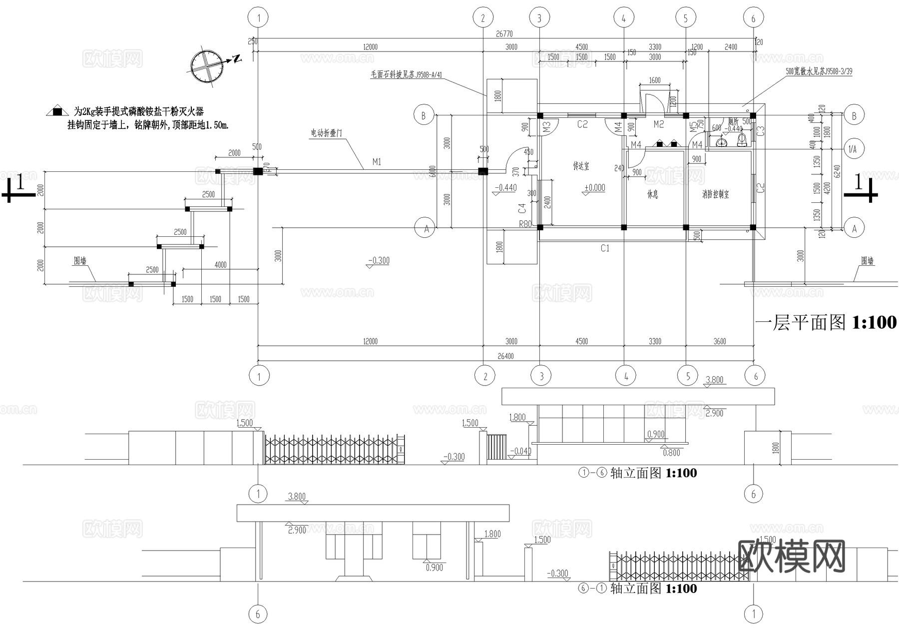 门卫室建筑 入口大门 传达休息值班室 消防控制室 门房警卫室cad施工图