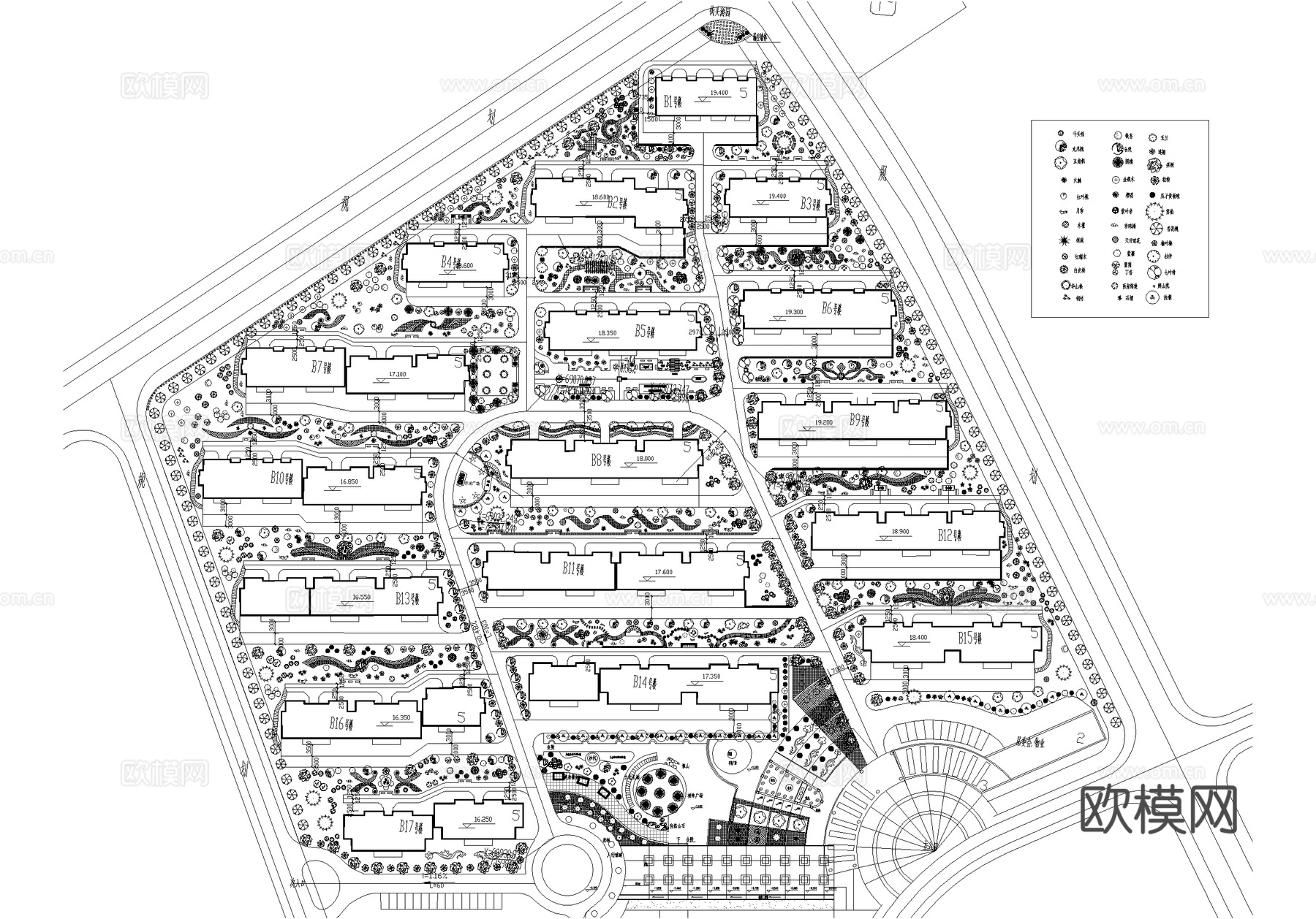 居住区景观植物种植绿化配置小区规划平面图cad施工图