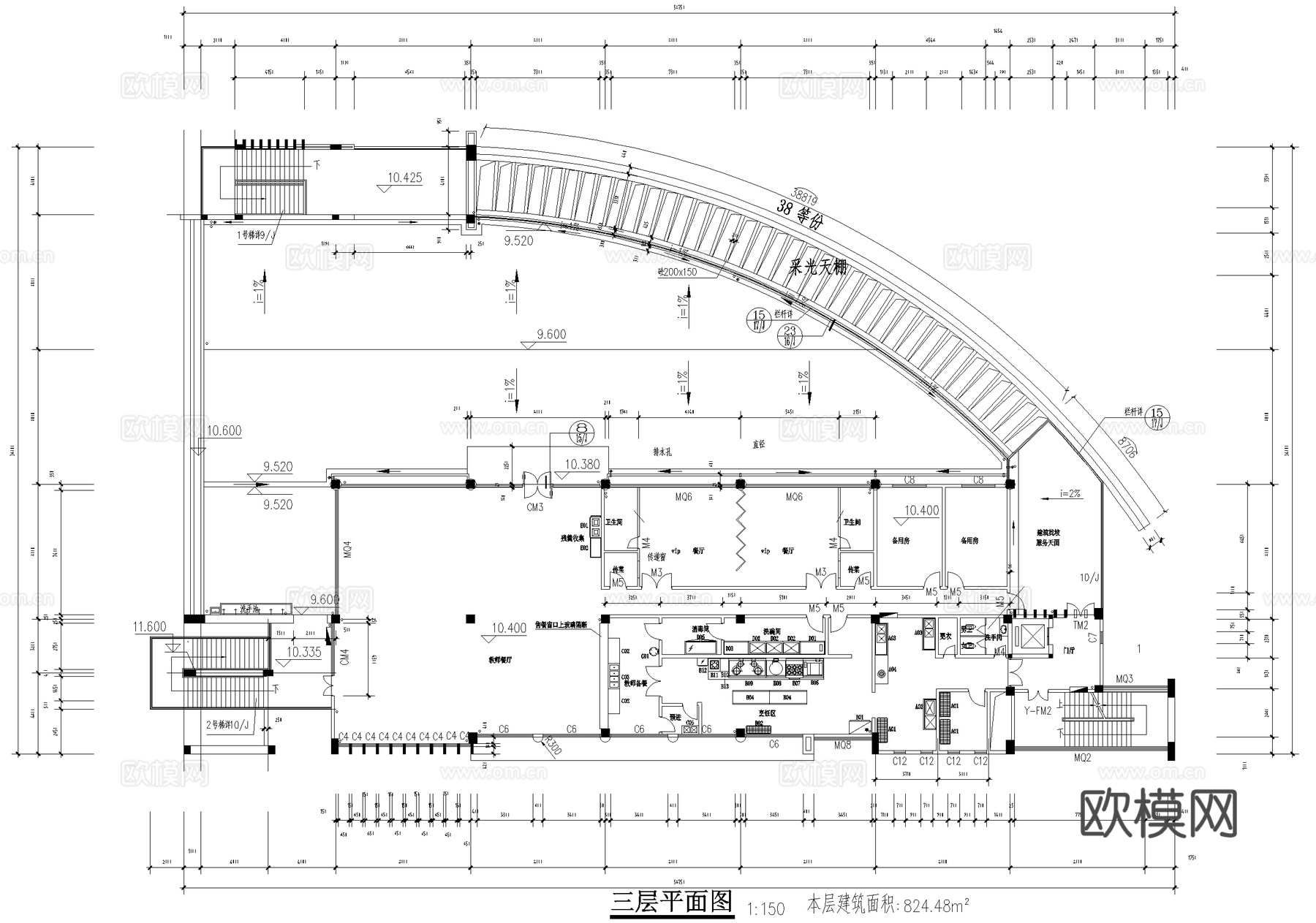 后厨 厨房 设备布局平面图 三层学校食堂餐厅饭堂cad施工图