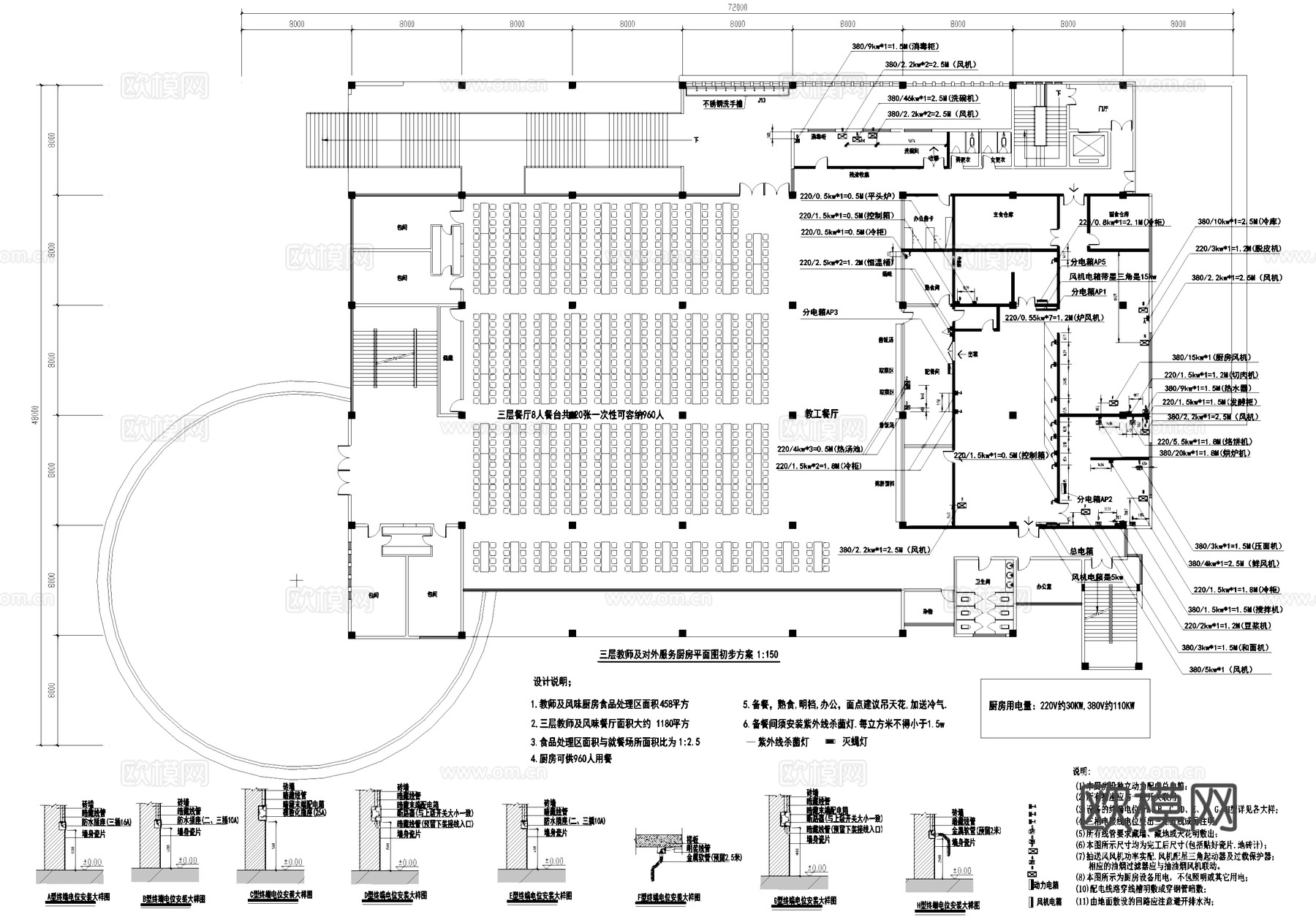 后厨厨房平面系统图 学校学生教师食堂餐厅 给排水电抽送风cad施工图