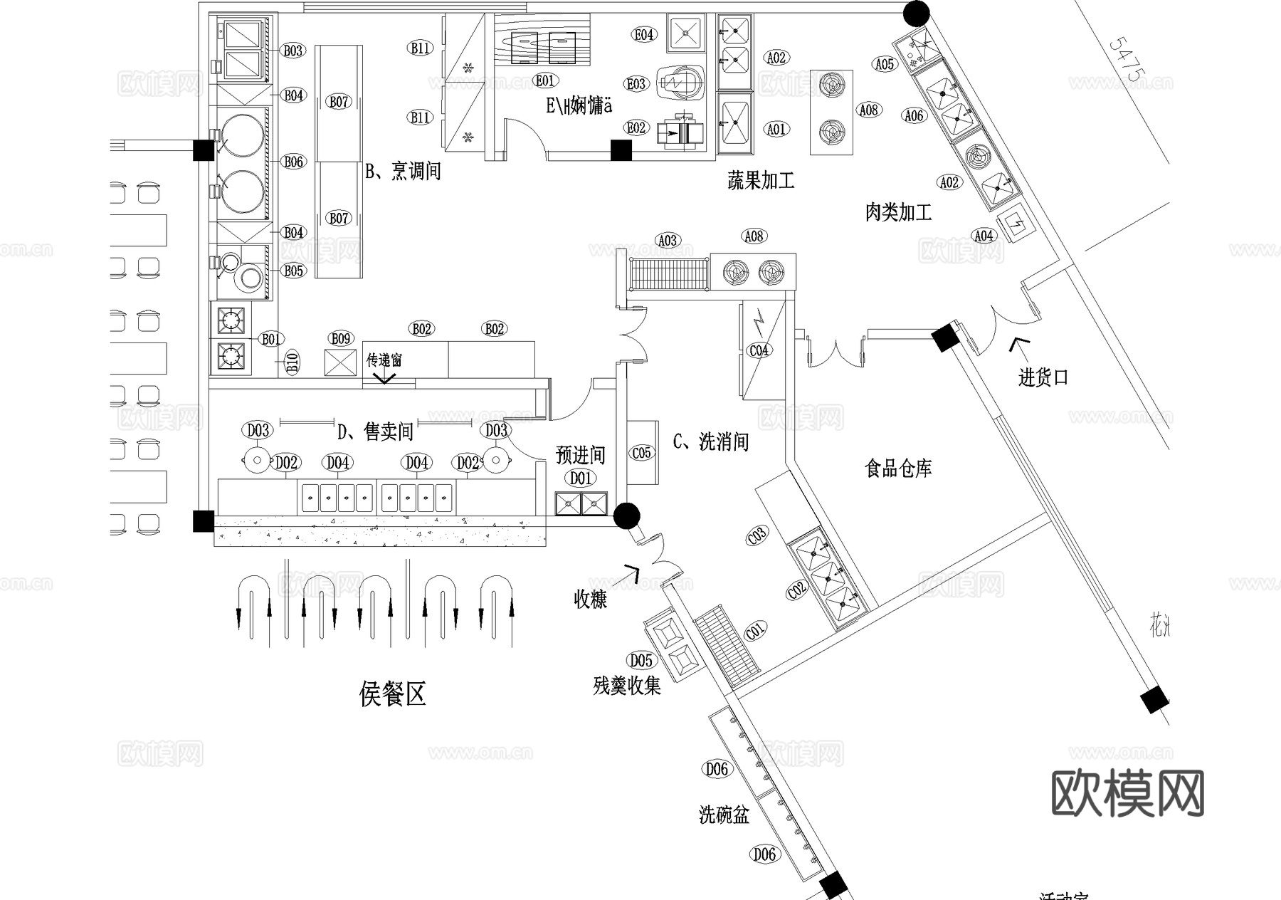 后厨 食堂 平面图 饭堂 餐厅 厨房cad施工图
