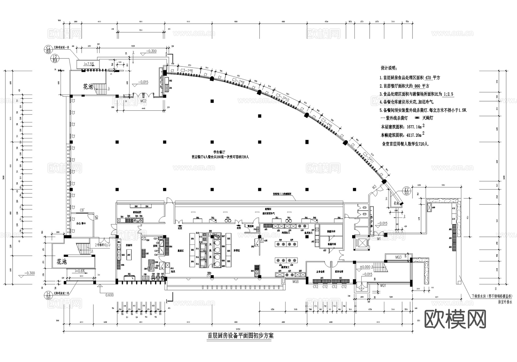 后厨 厨房 设备布局平面图 三层学校食堂餐厅饭堂cad施工图