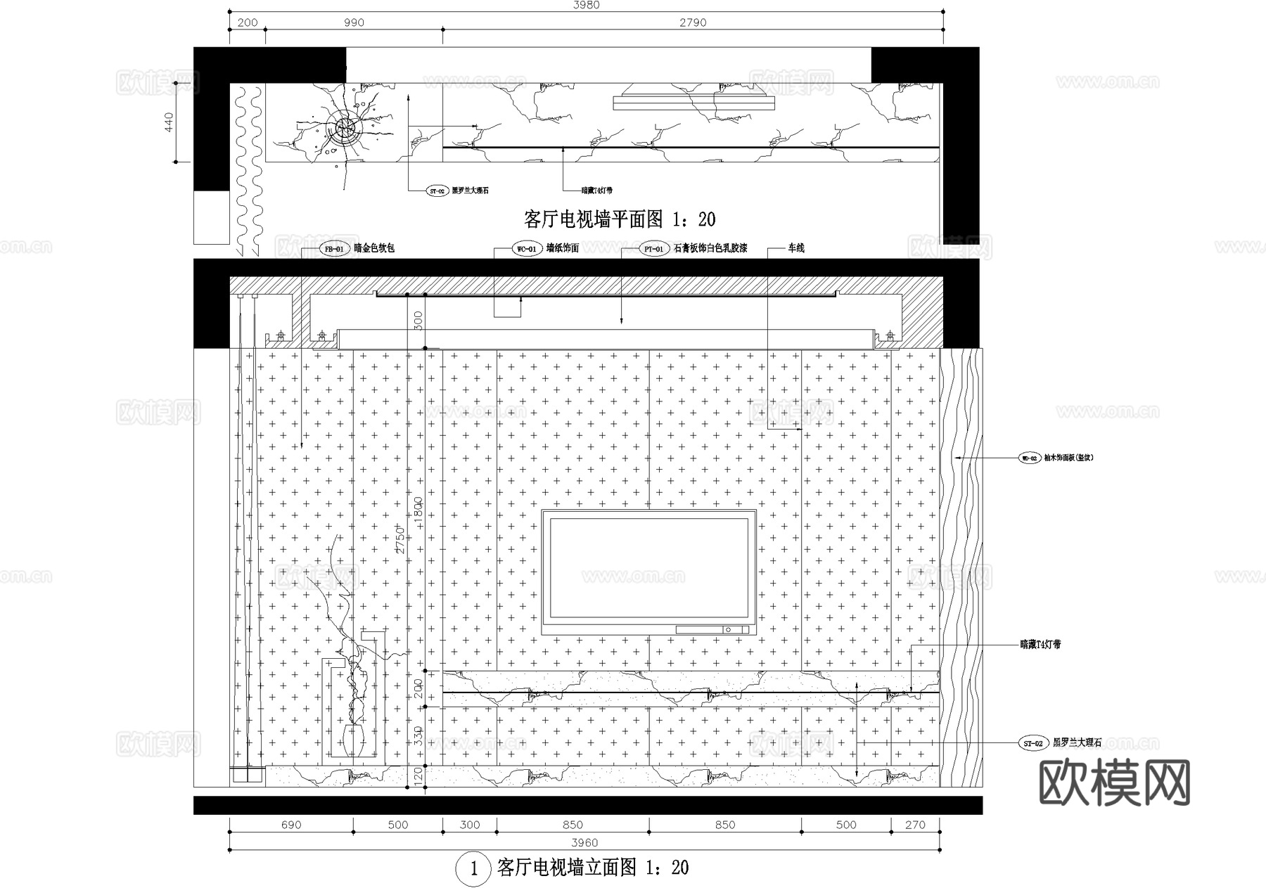 客厅电视墙节点cad施工图