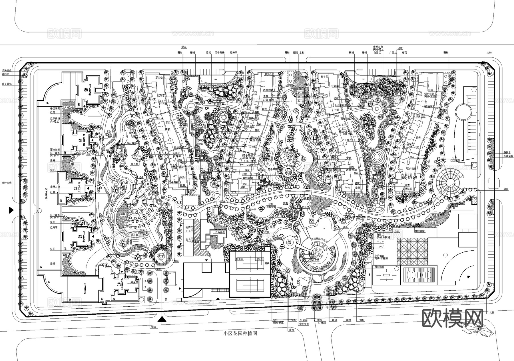 居住区景观植物种植绿化配置小区规划总平面图cad施工图