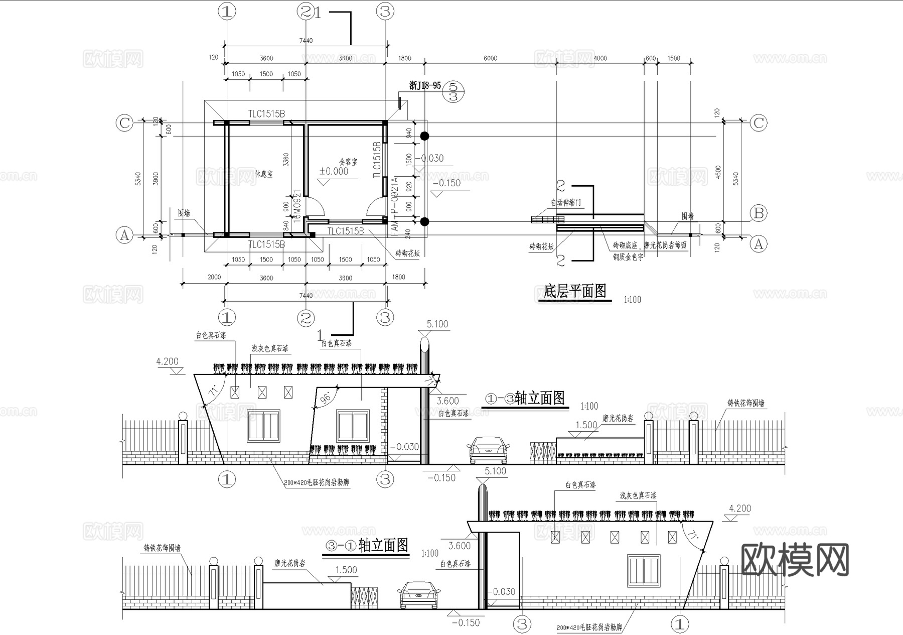 门卫室建筑 入口大门 会客室休息室 传达室门房值班室 警卫室cad施工图