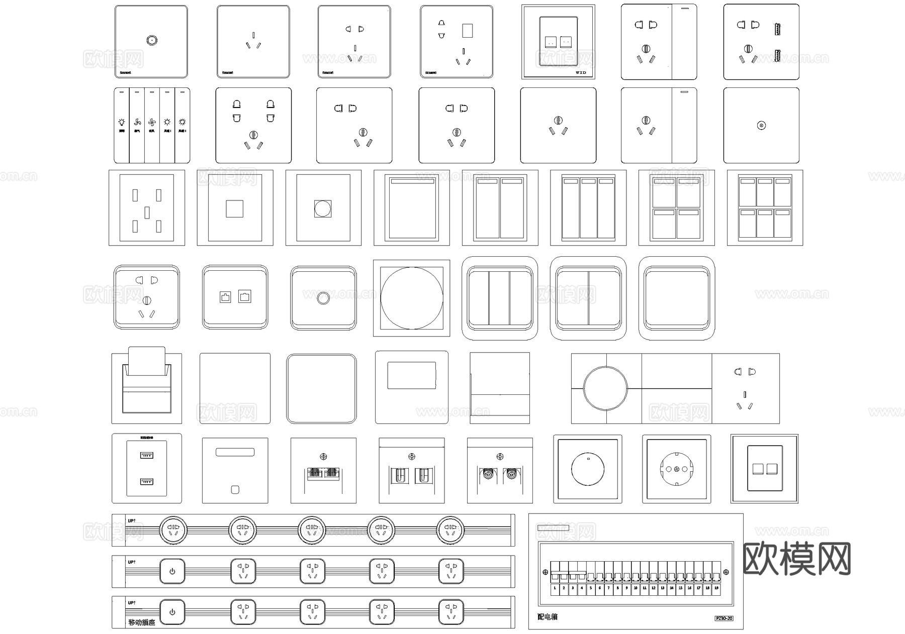 开关插座 面板配电箱 可移动插座cad施工图