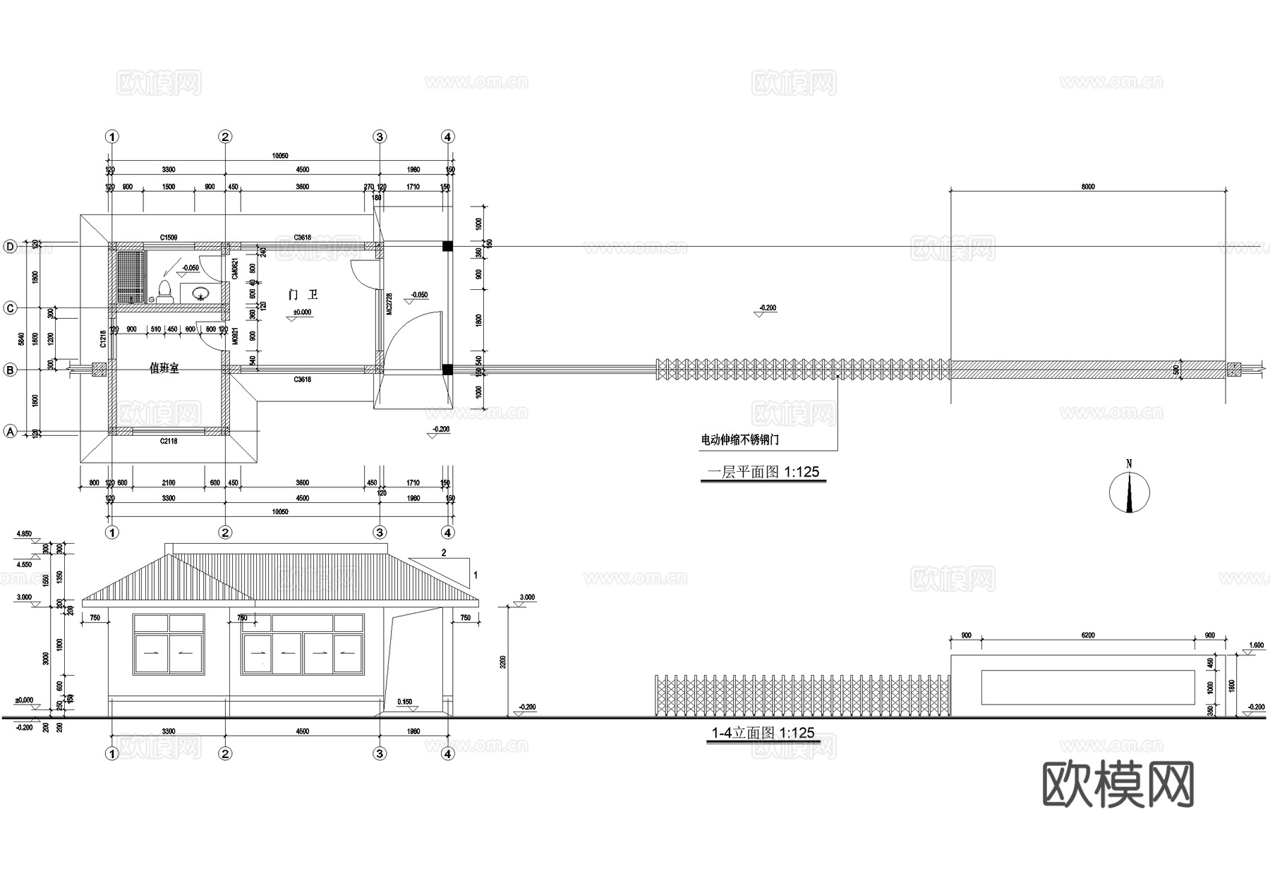 门卫室建筑 入口大门 传达室保安室门房 值班室警卫室岗亭cad施工图