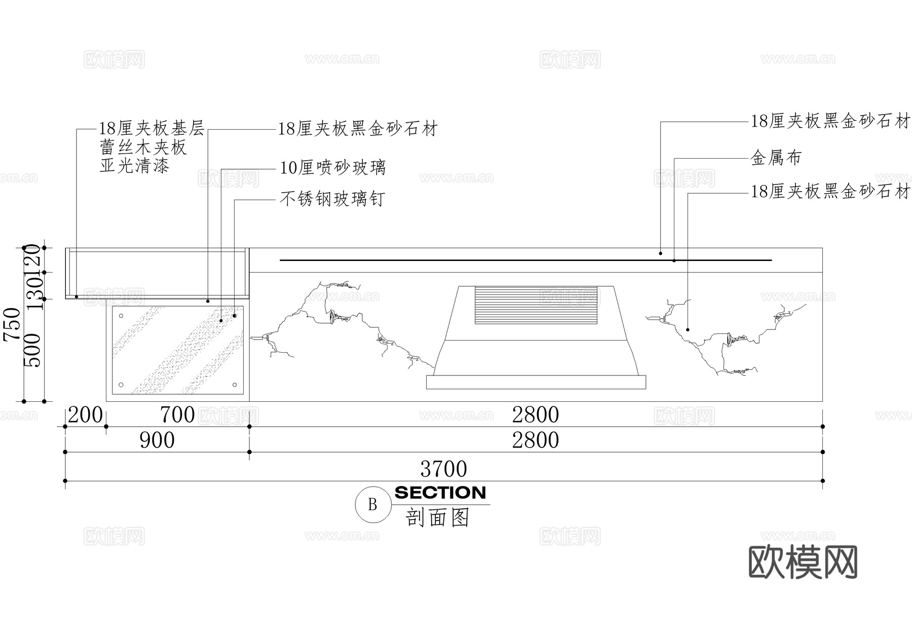 客厅电视背景墙节点 置物架电视柜cad施工图
