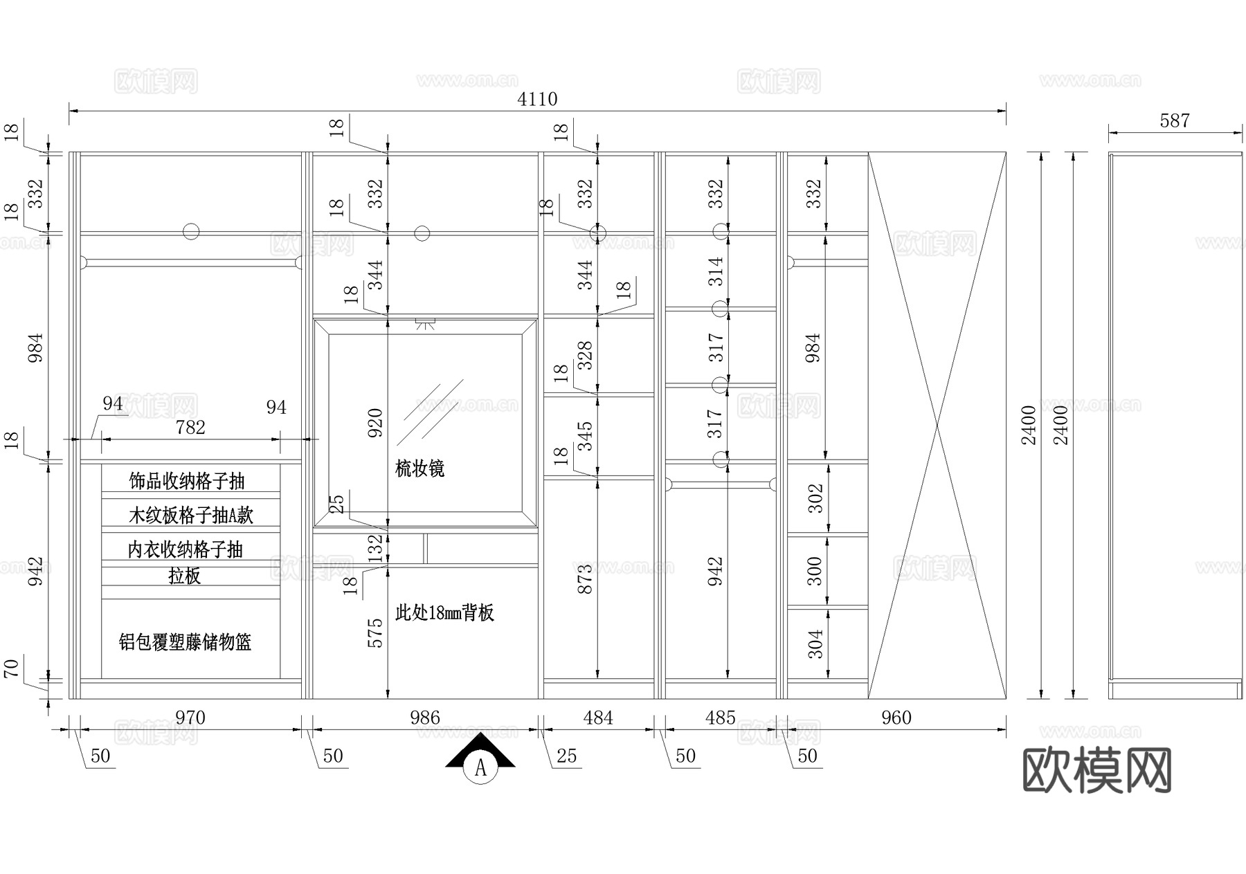 转角衣柜节点 衣帽间cad施工图