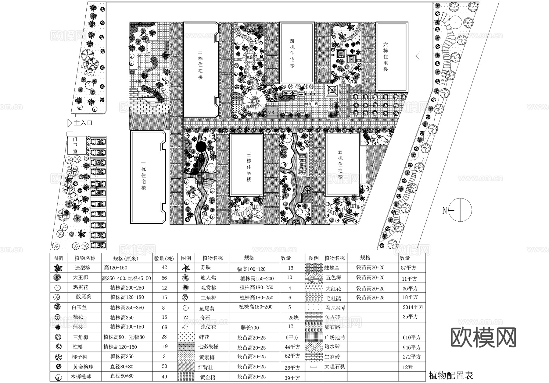 居住区景观规划植物绿化种植配置小区平面图 苗木表cad施工图