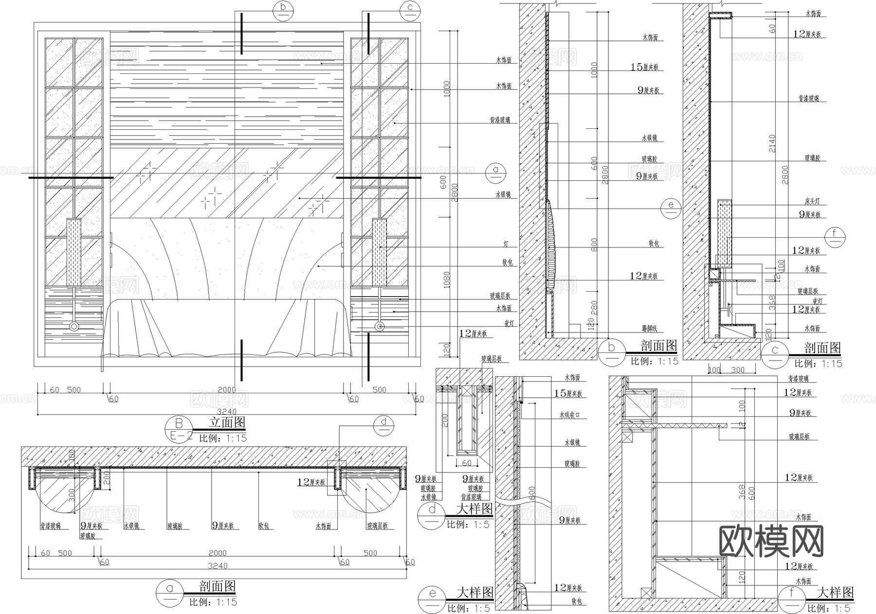 卧室客房背景墙节点cad施工图