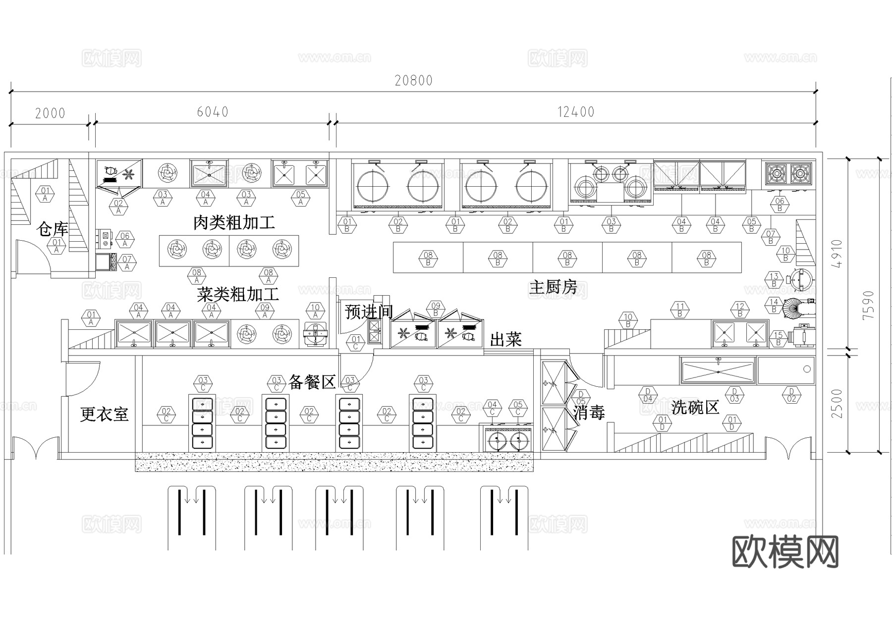 后厨 平面图 员工食堂餐厅饭堂 厨房cad施工图