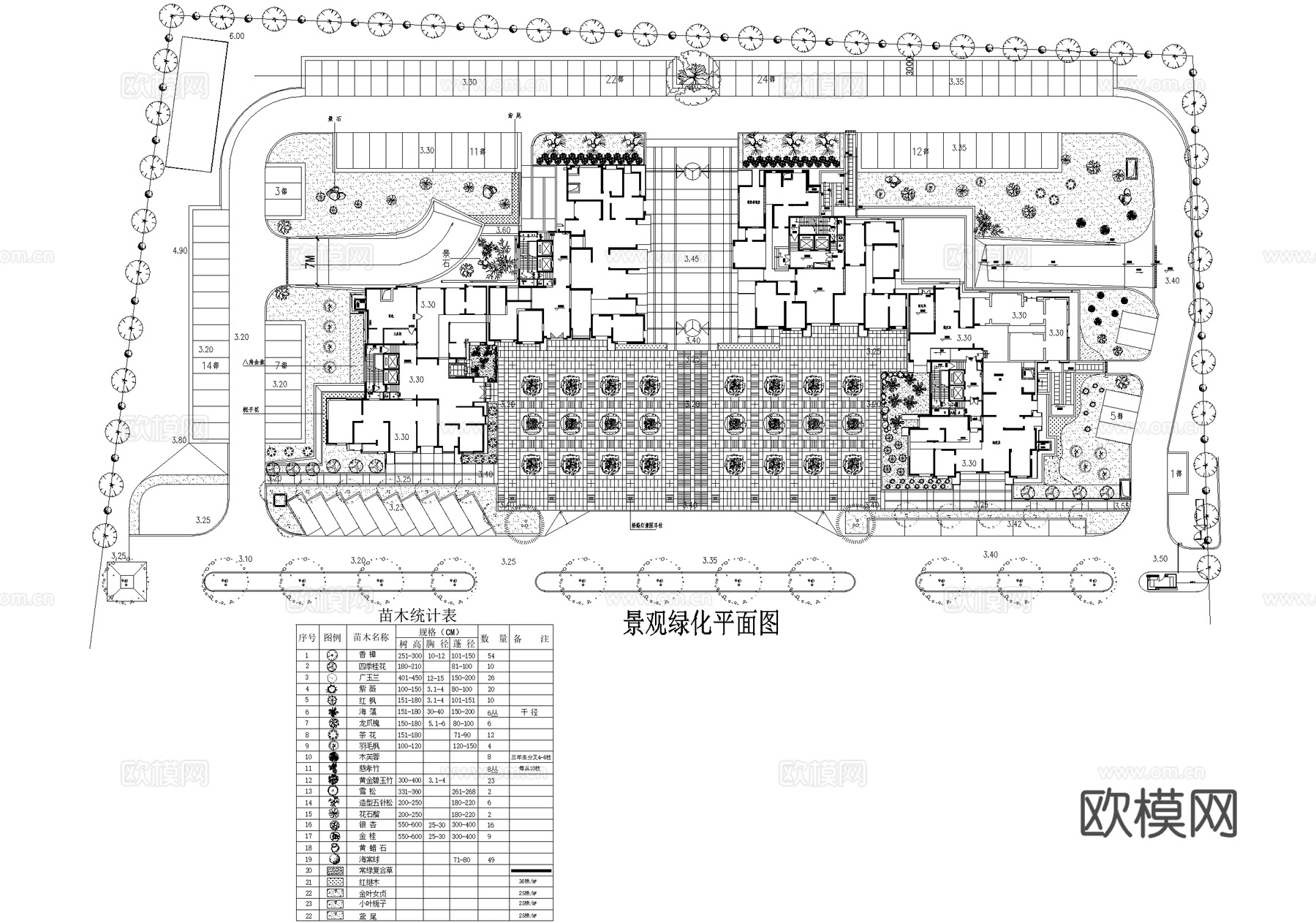 居住区景观小区架空层平面图 植物种植绿化配置 苗木表cad施工图