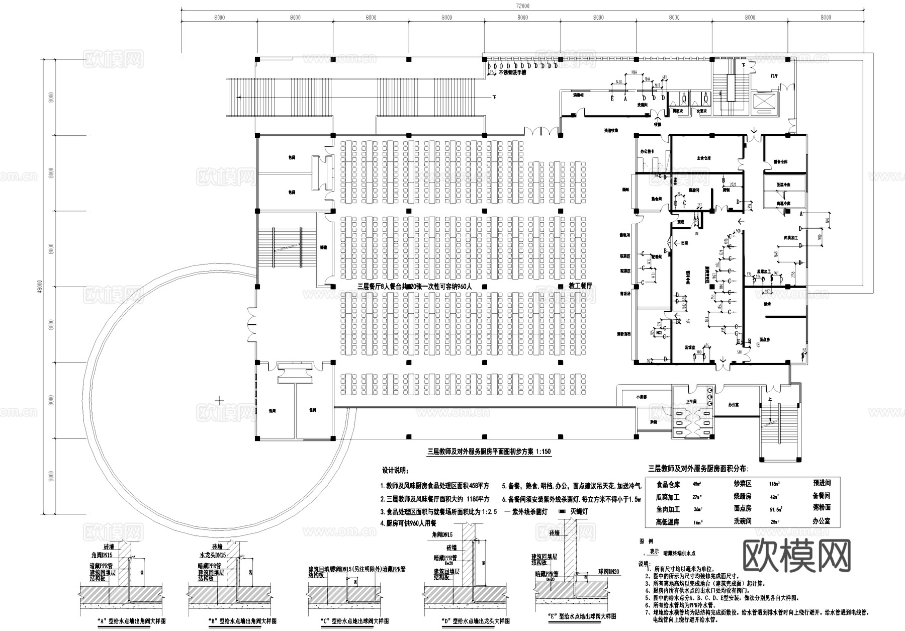 后厨厨房平面系统图 学校学生教师食堂餐厅 给排水电抽送风cad施工图
