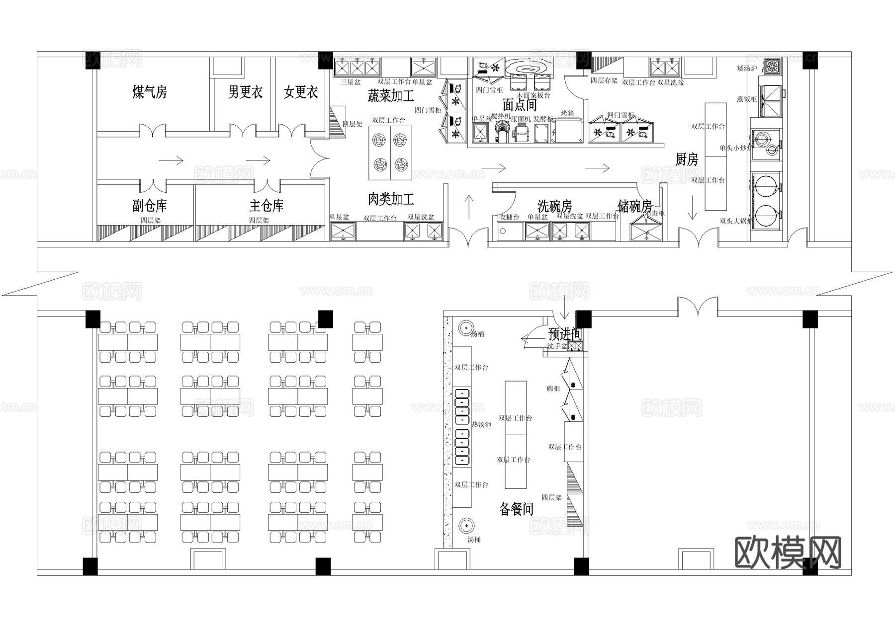 后厨平面图 餐厅食堂饭堂厨房cad施工图