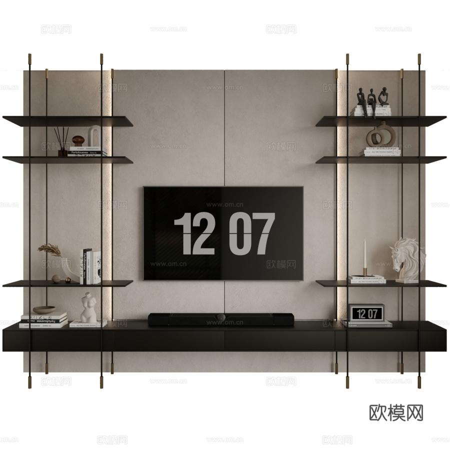 电视墙套装053d模型下载（渲染图1）