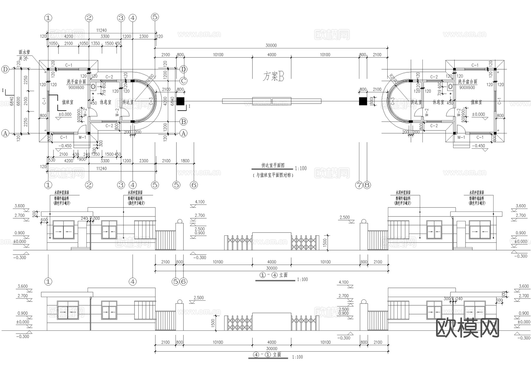 门卫室建筑 入口大门 传达休息室值班室 门房警卫室cad施工图