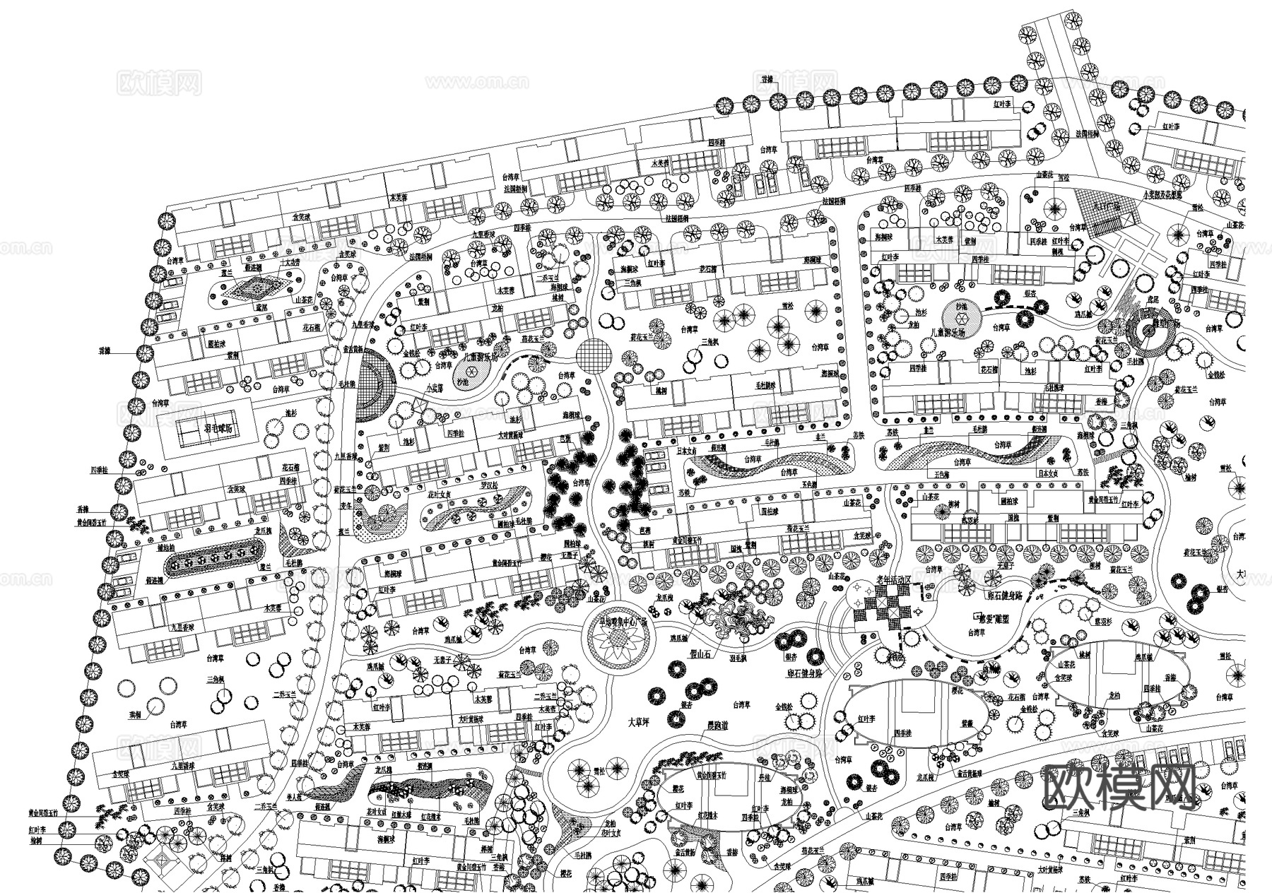 居住区景观植物种植绿化配置小区规划总平面图 苗木表cad施工图