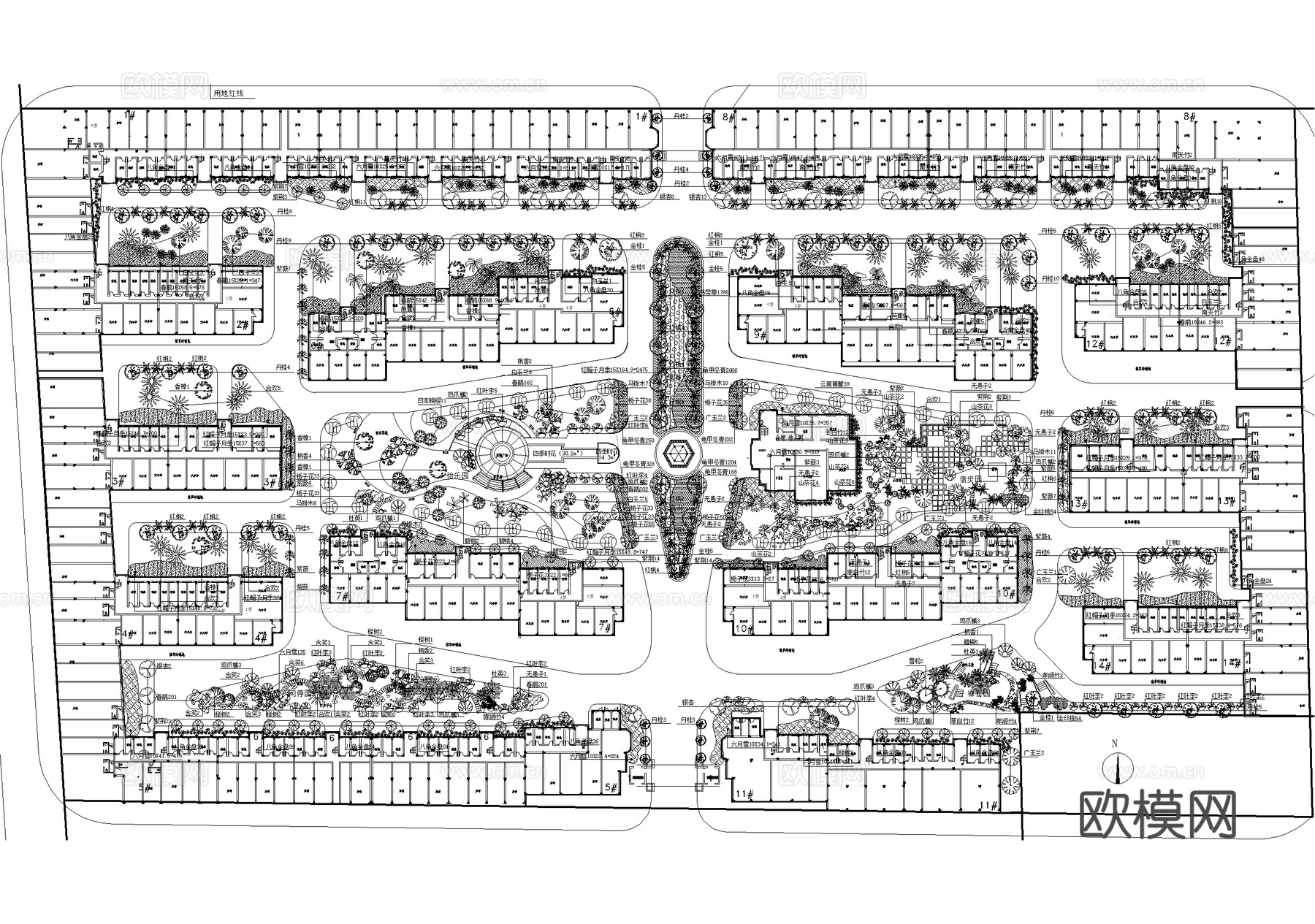 居住区景观植物种植绿化配置小区规划总平面图cad施工图