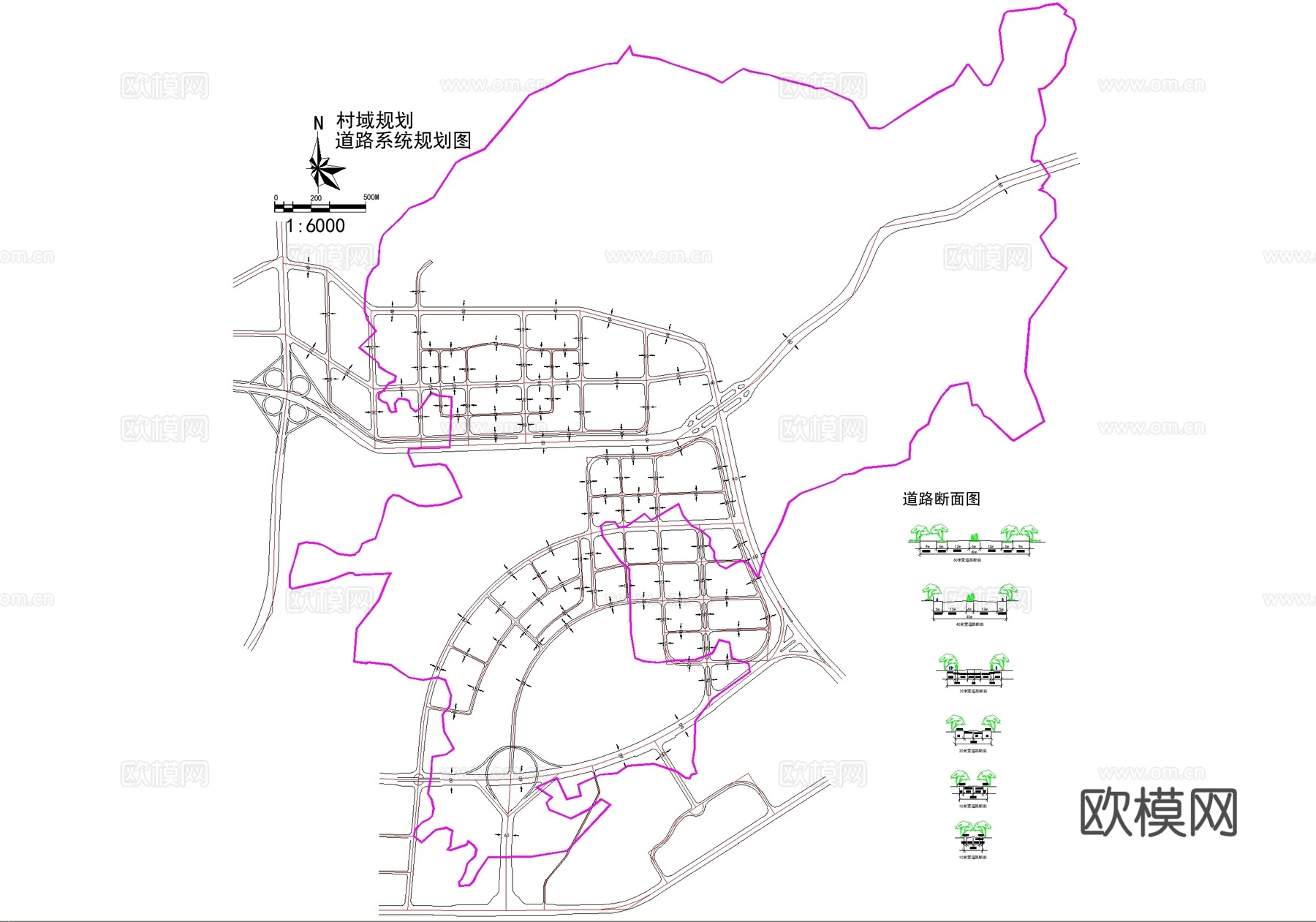 乡村规划平面图 土地利用图 道路系统图 绿化系统图 现状图cad施工图