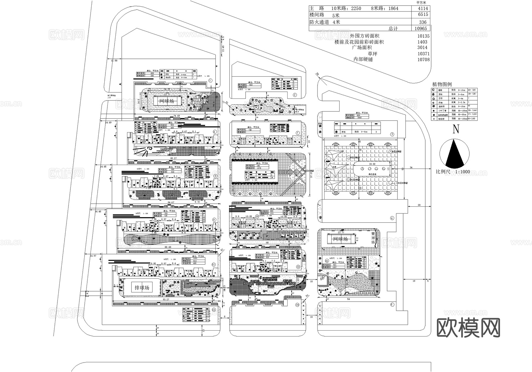 居住区景观规划植物绿化种植配置小区平面图cad施工图