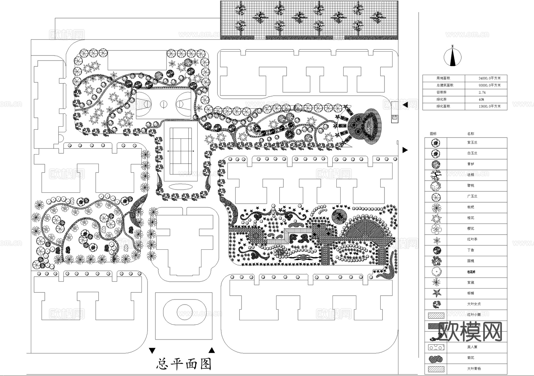 居住区景观植物种植绿化配置小区规划总平面图cad施工图