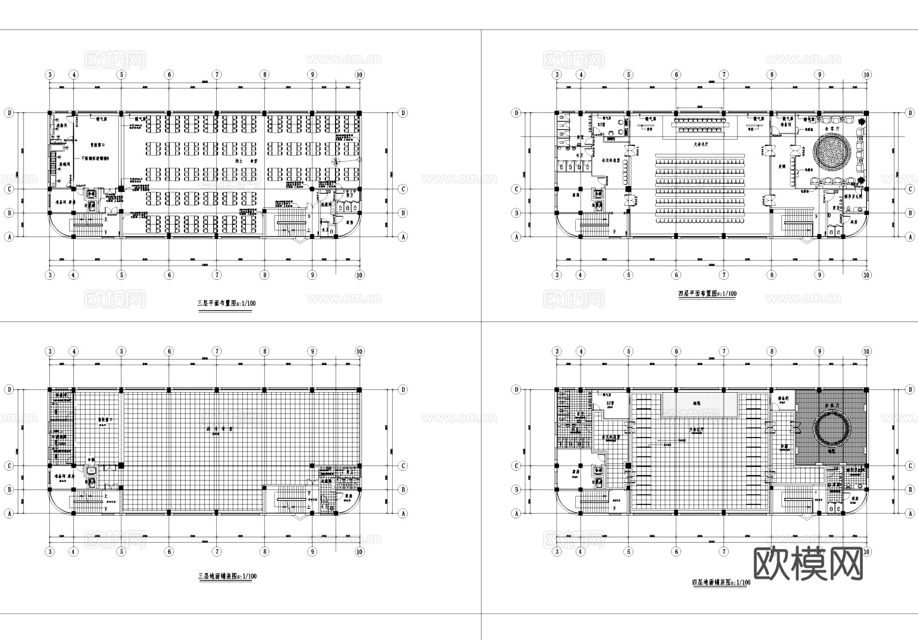 四层食堂室内装饰CAD平面施工图cad施工图