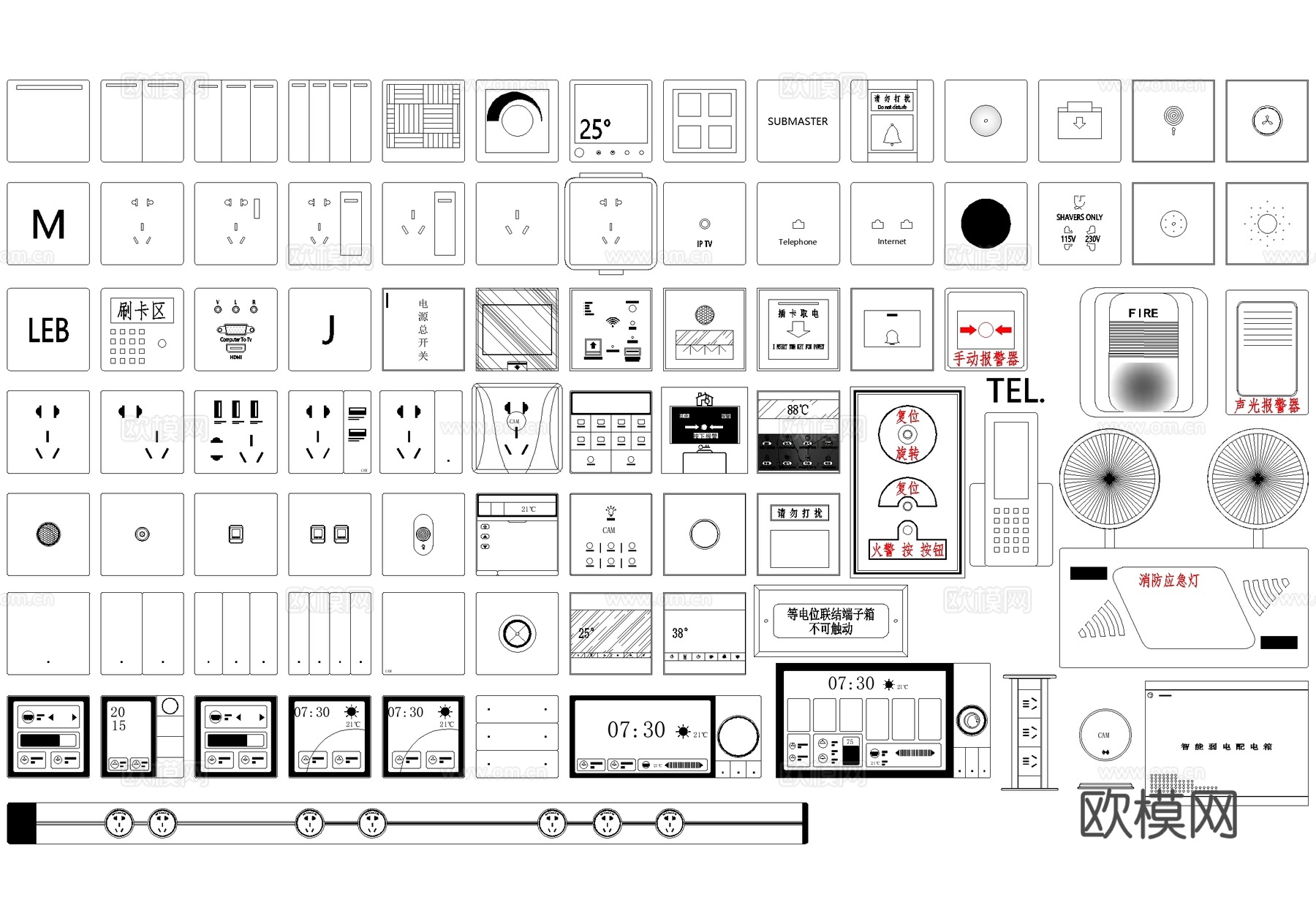 开关插座面板门铃按钮感应智能中控触屏屏幕按键报警器网线孔电箱cad施工图