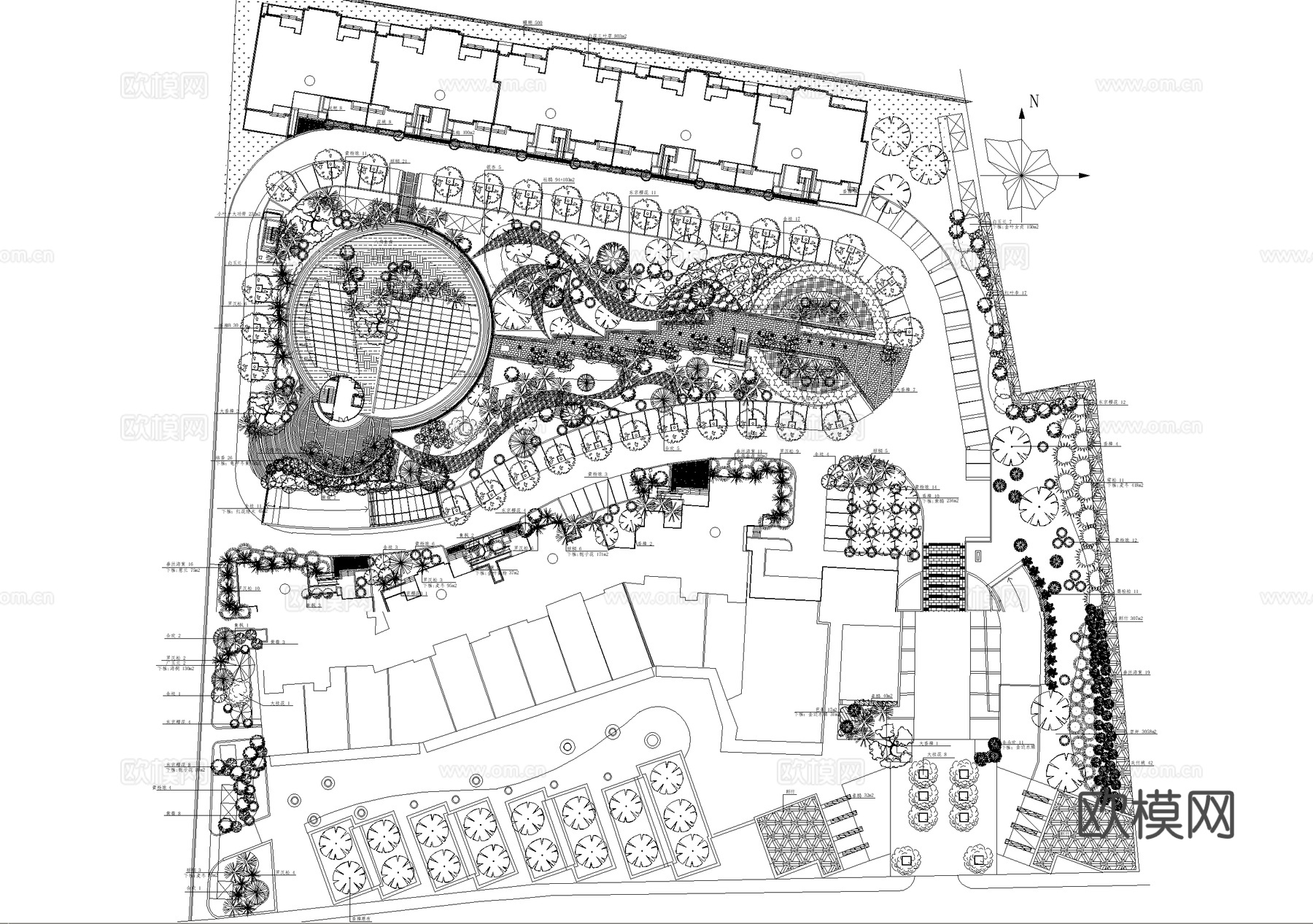 居住区景观植物种植绿化配置小区绿地平面图 苗木表cad施工图