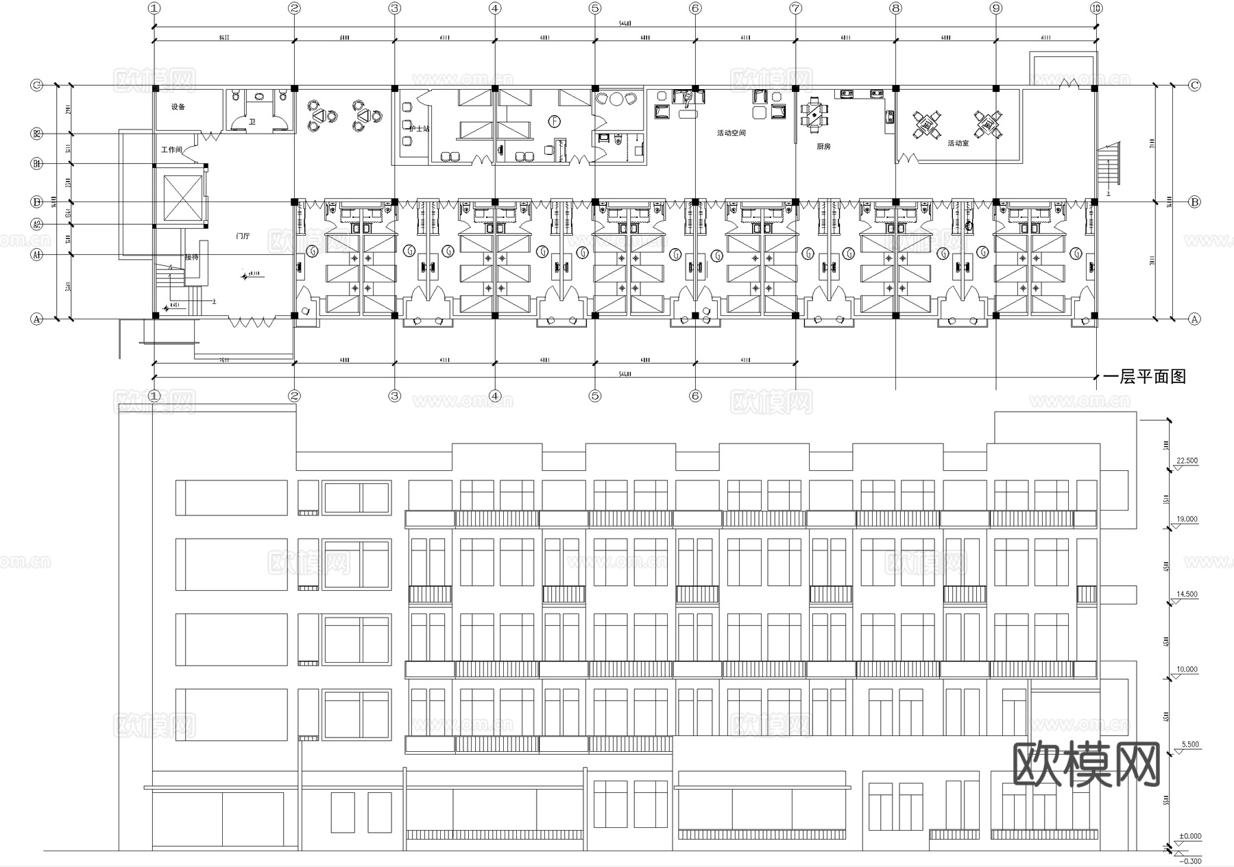 五层养老院敬老院疗养院 全护理单元户型图 建筑平立面图cad施工图