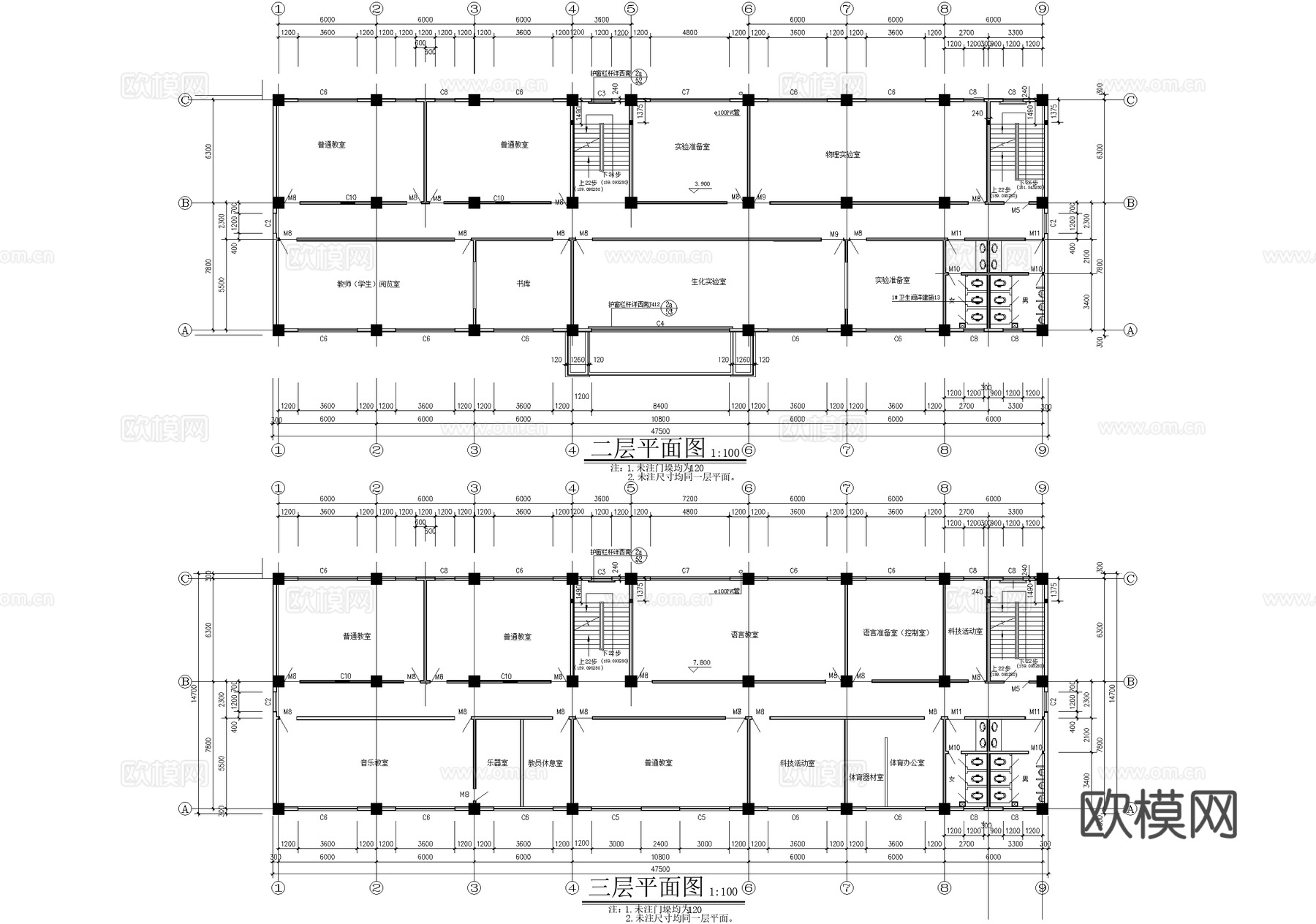 欧式四层中学教学楼学校建筑cad施工图