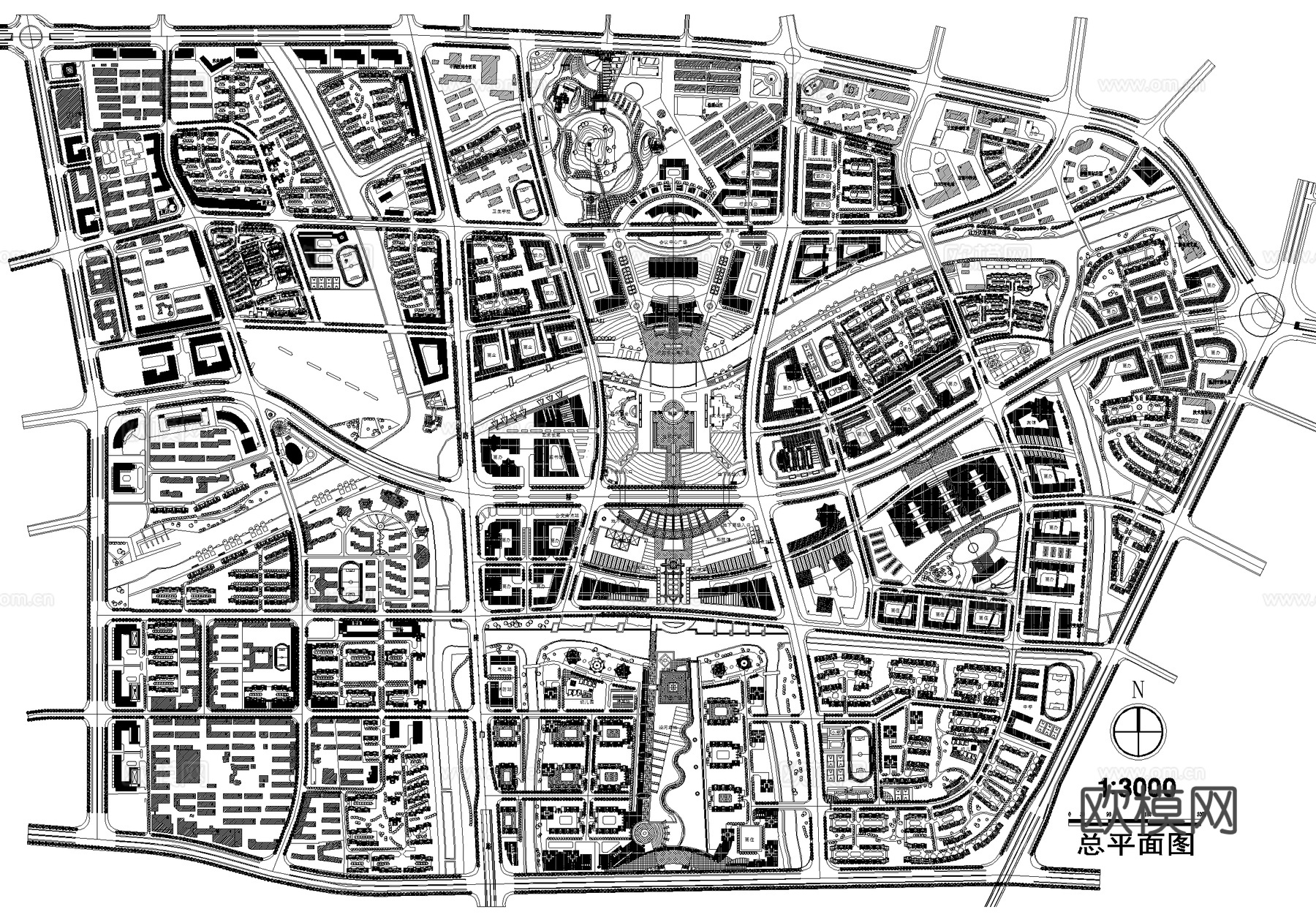 市中心区城市规划设计总平面图cad施工图