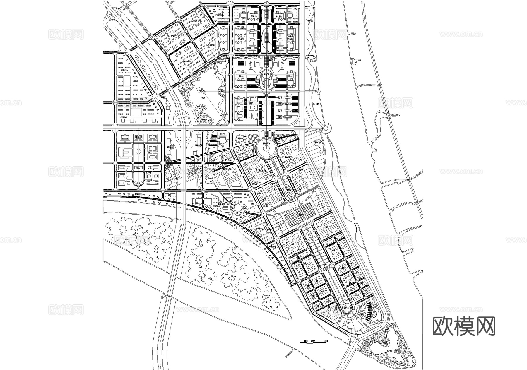 城市规划总平面图 行政文教办公中心金融商务住宅交通滨江广场cad施工图