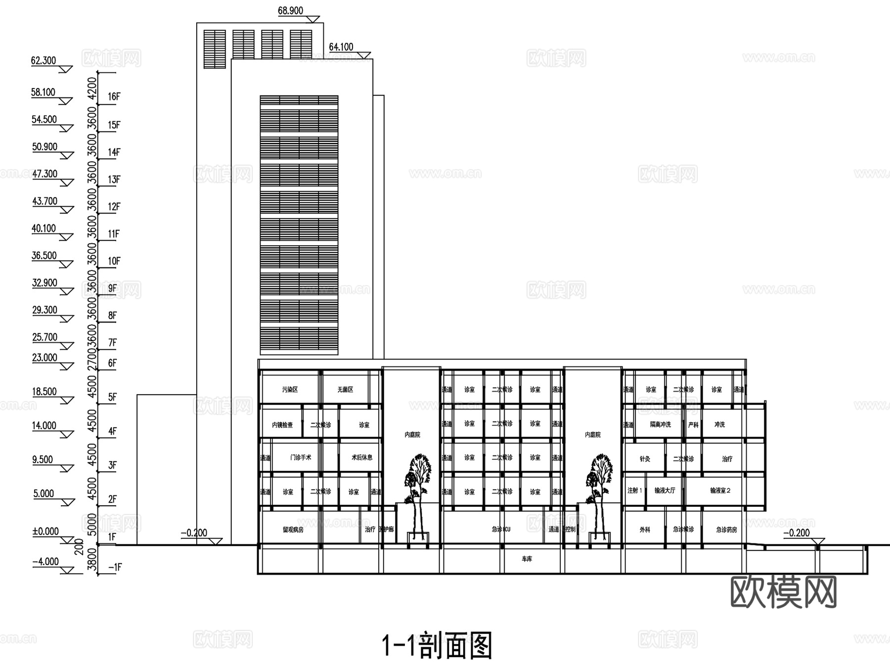 如皋人民医院建筑平剖面CAD施工图集cad施工图