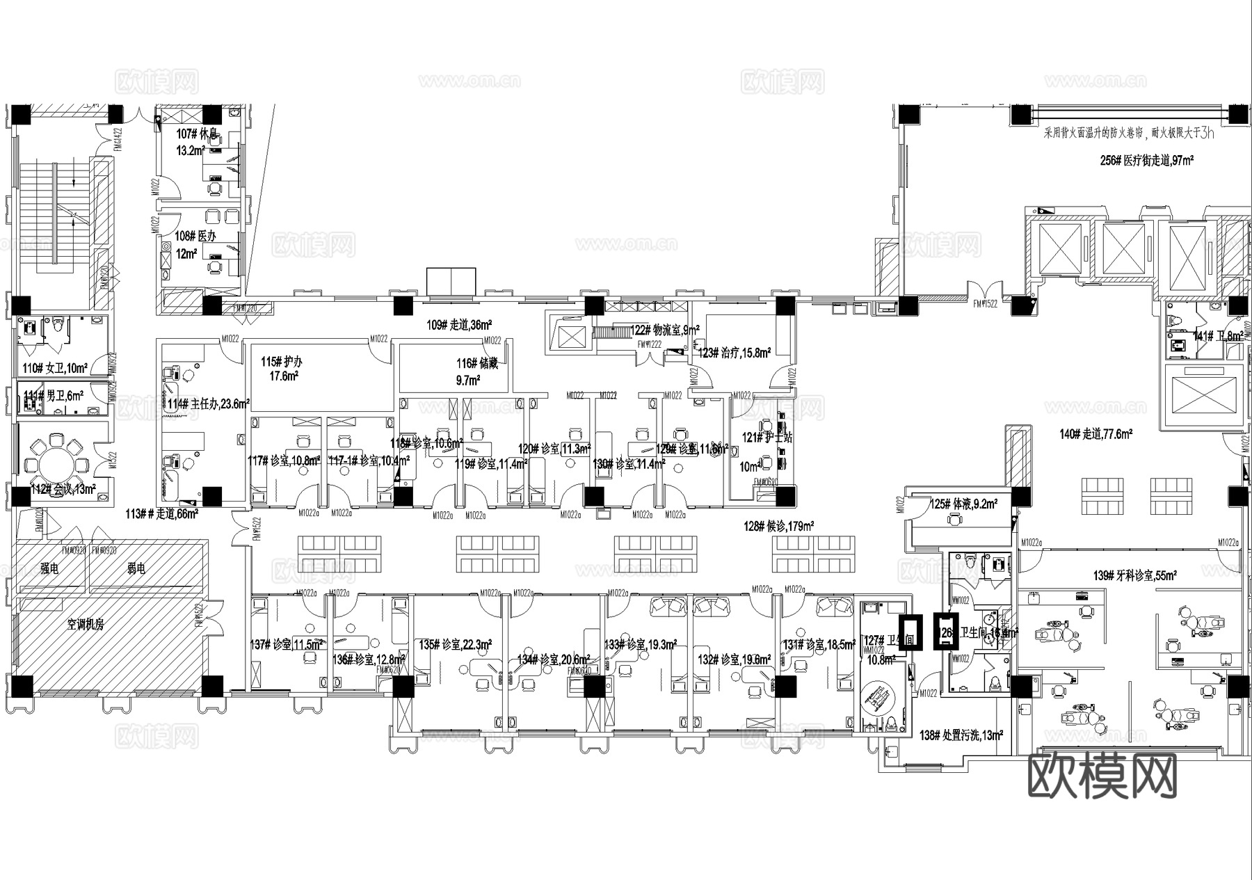 医院门诊医技楼三层 耳鼻喉科口腔牙科 平面图cad施工图