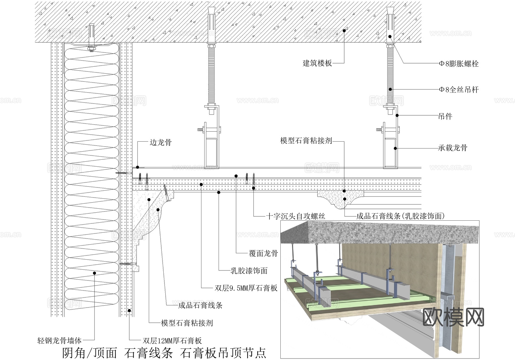 石膏板吊顶 阴角顶面石膏线条 天花节点 乳胶漆饰面cad施工图