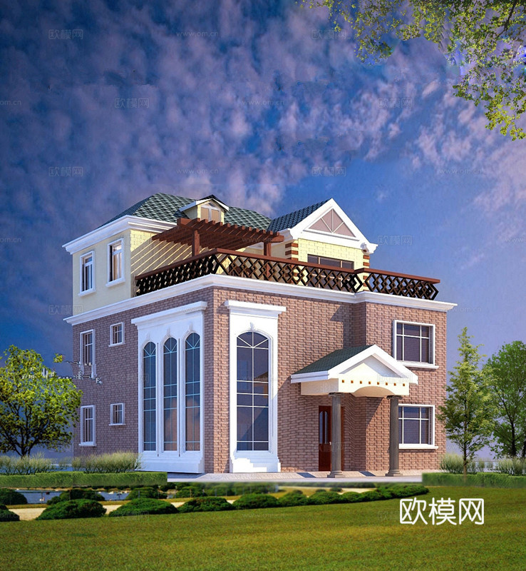 乡村自建房别墅建筑 最新全套施工图 效果图设计cad施工图下载（渲染图4）