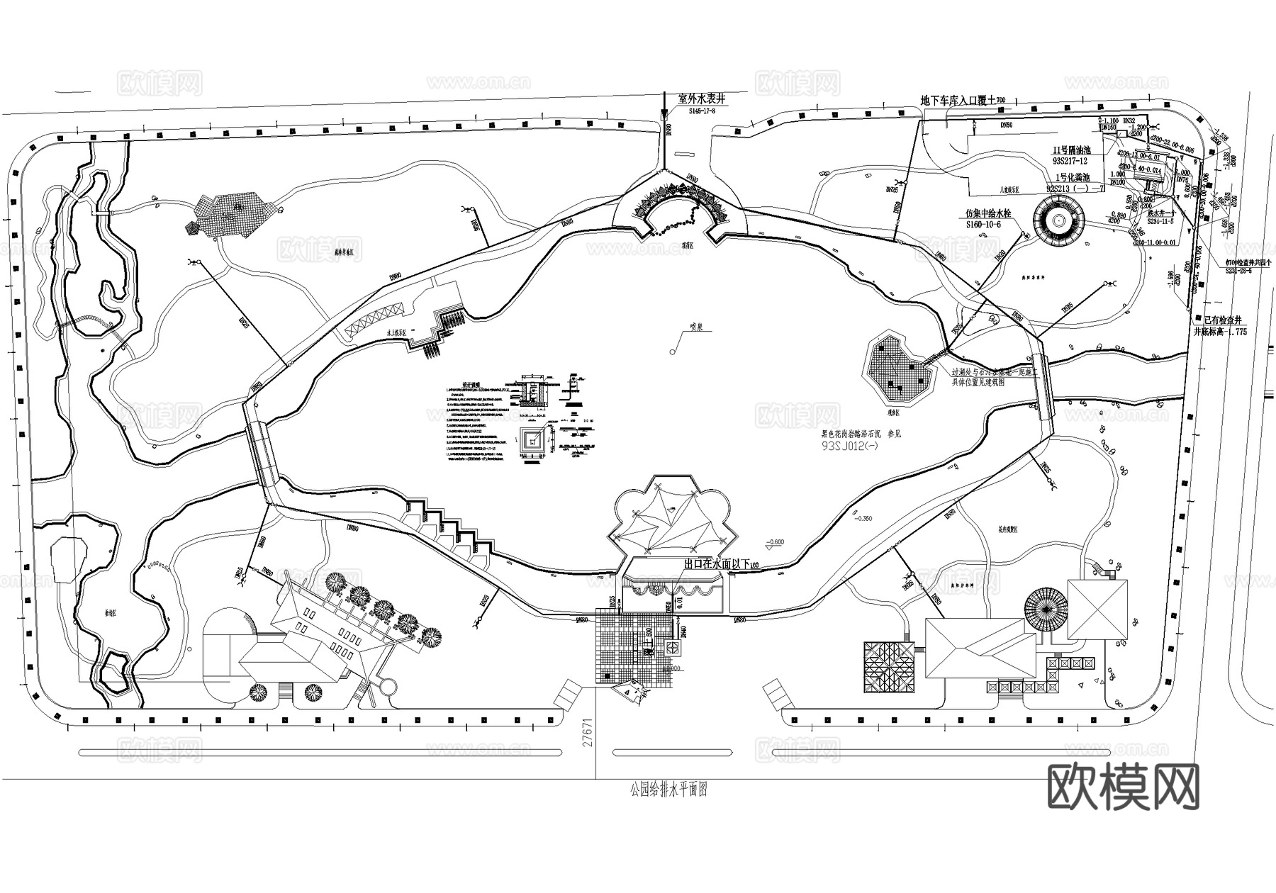 公园景观给排水平面图 设计说明 地上式洒水栓cad施工图